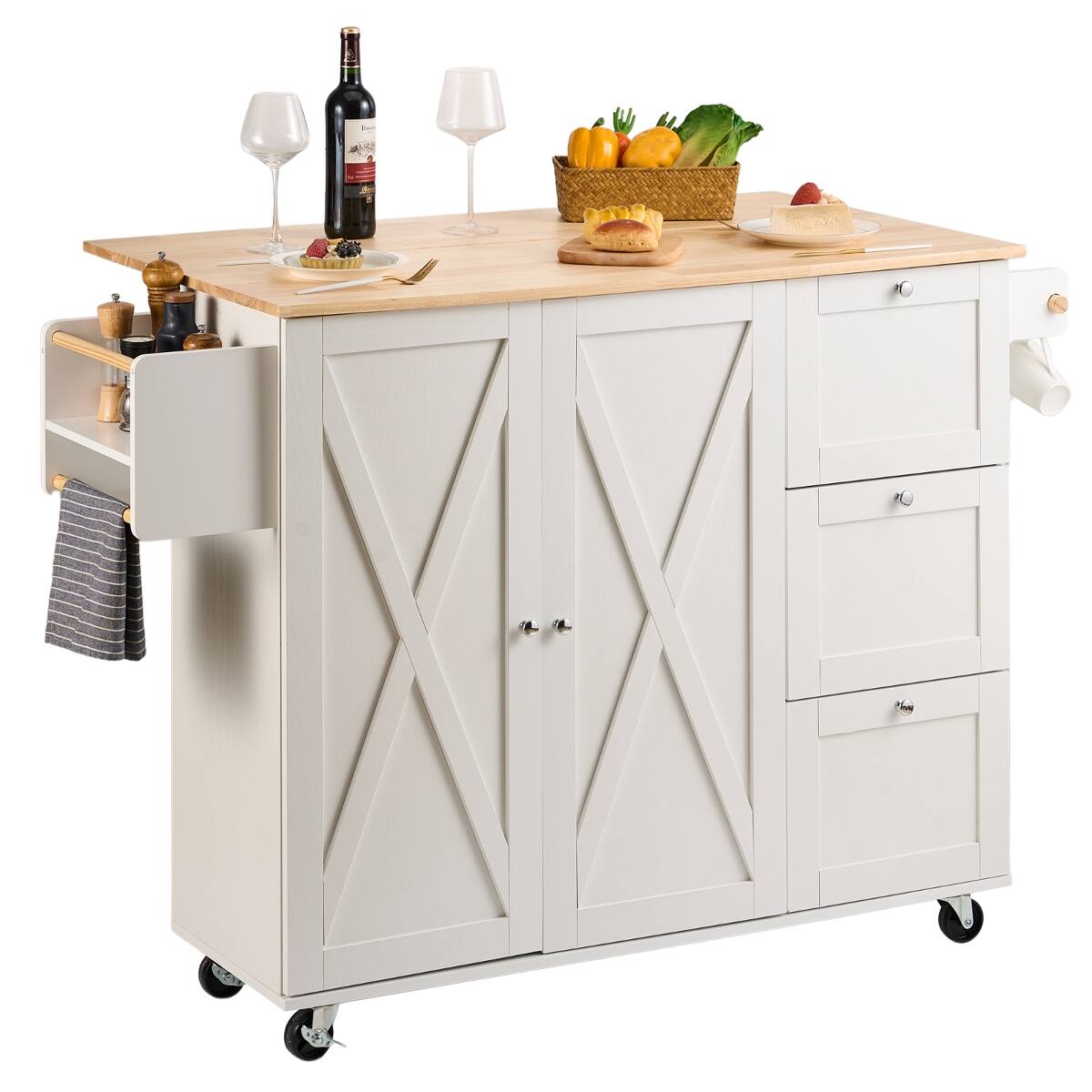 Front. Loheer - Loheer White Kitchen Island Cart Solid Wood Top Rolling Kitchen Table with Drop Leaf - White.