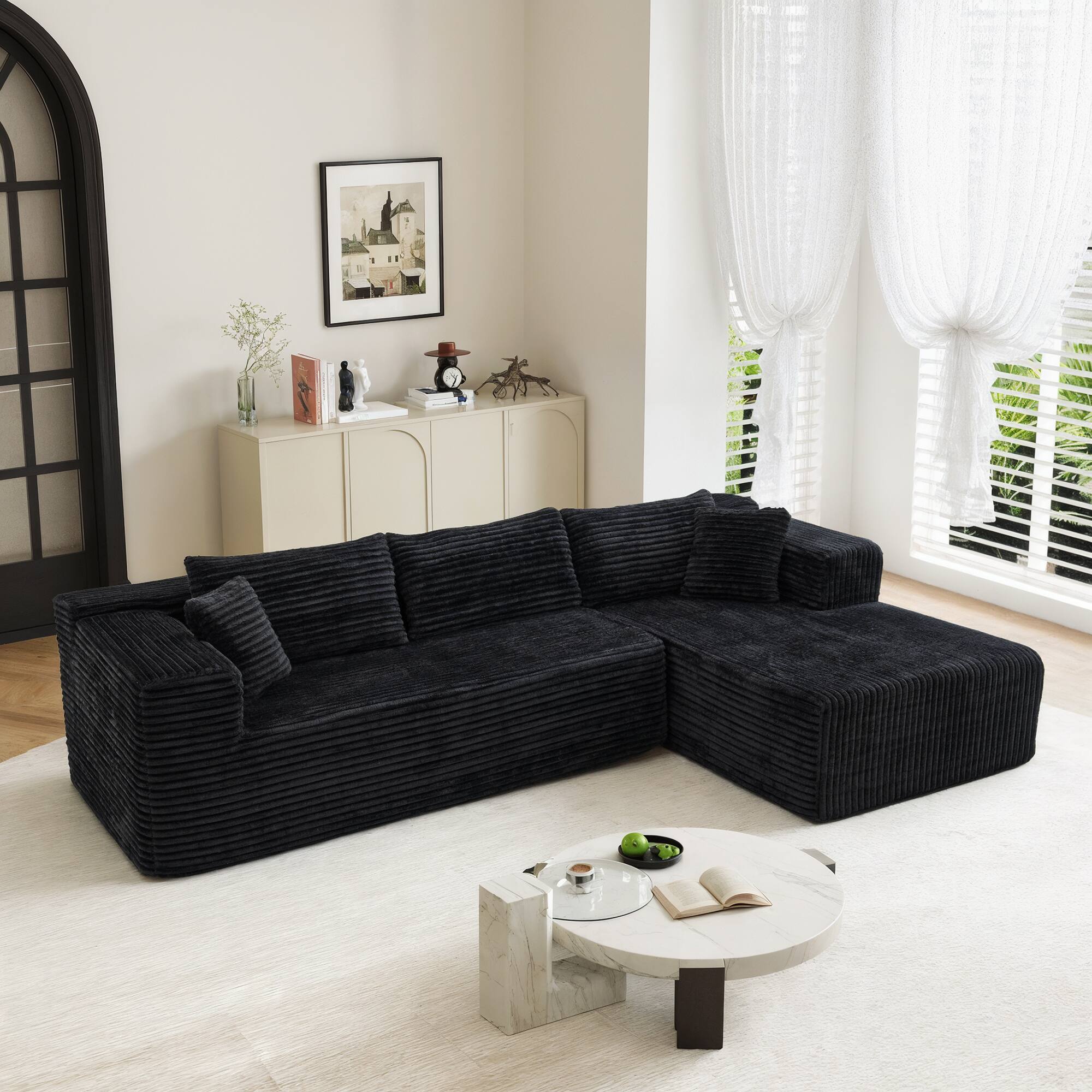 Alt View 5. FUFU&GAGA - Modular Corduroy L-Shaped Sectional Sofa with Chaise, High-Density Foam Cushions and Matching Pillows - Black.