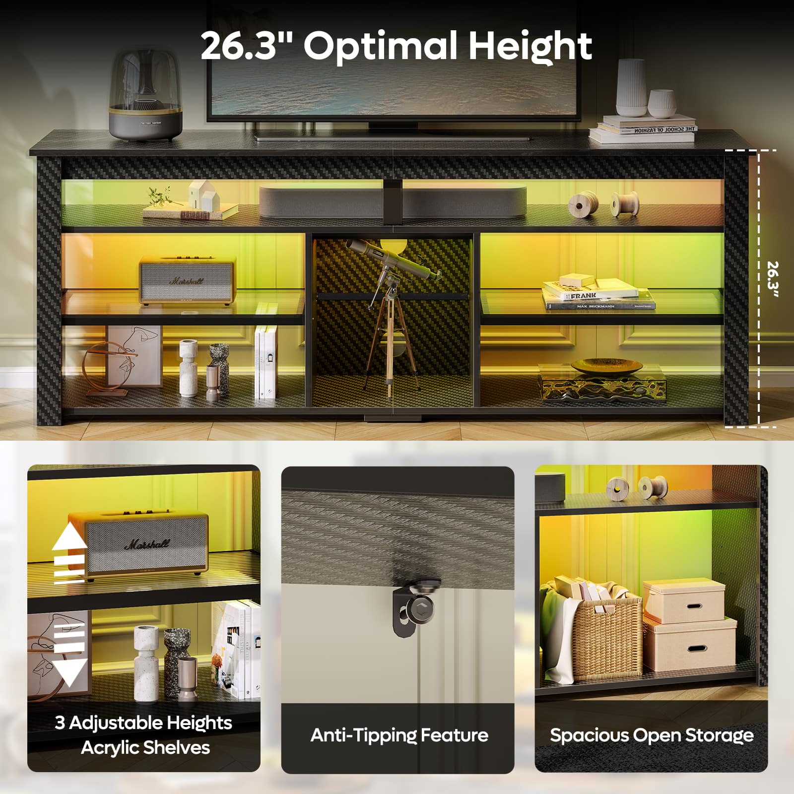 The text on the image is grouped and corrected as follows:
26.3" Optimal Height CO 1 P Marshall 3 Adjustable Heights Acrylic Shelves Anti-Tipping Feature Spacious Open Storage