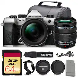 Bundle - OM System - OM-5 Mark II Mirrorless Camera with 12-45mm f/4 PRO Lens + 64GB Card + Battery - Silver Advanced