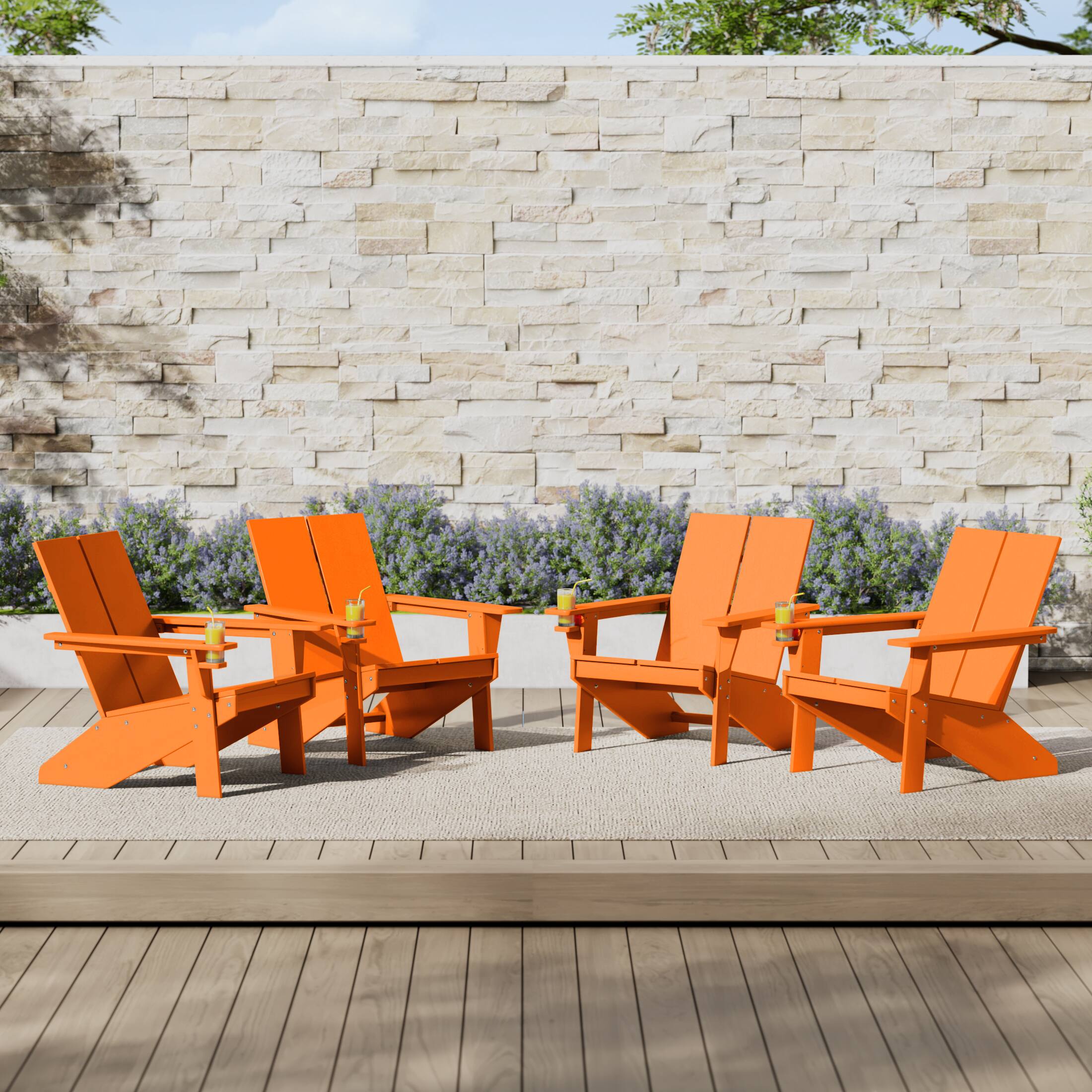 Angle. WestinTrends - WestinTrends Riviera Outdoor HDPE Modern Adirondack Chair with Cup Holder (Set of 4) - Orange.
