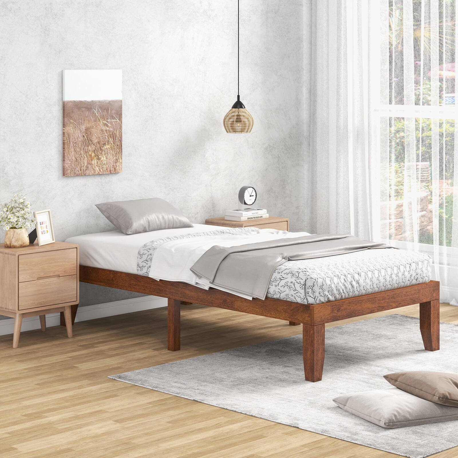 Angle. Sugift - 14 Inch Twin Size Rubber Wood Platform Bed Frame with Wood Slat Support - Brown.