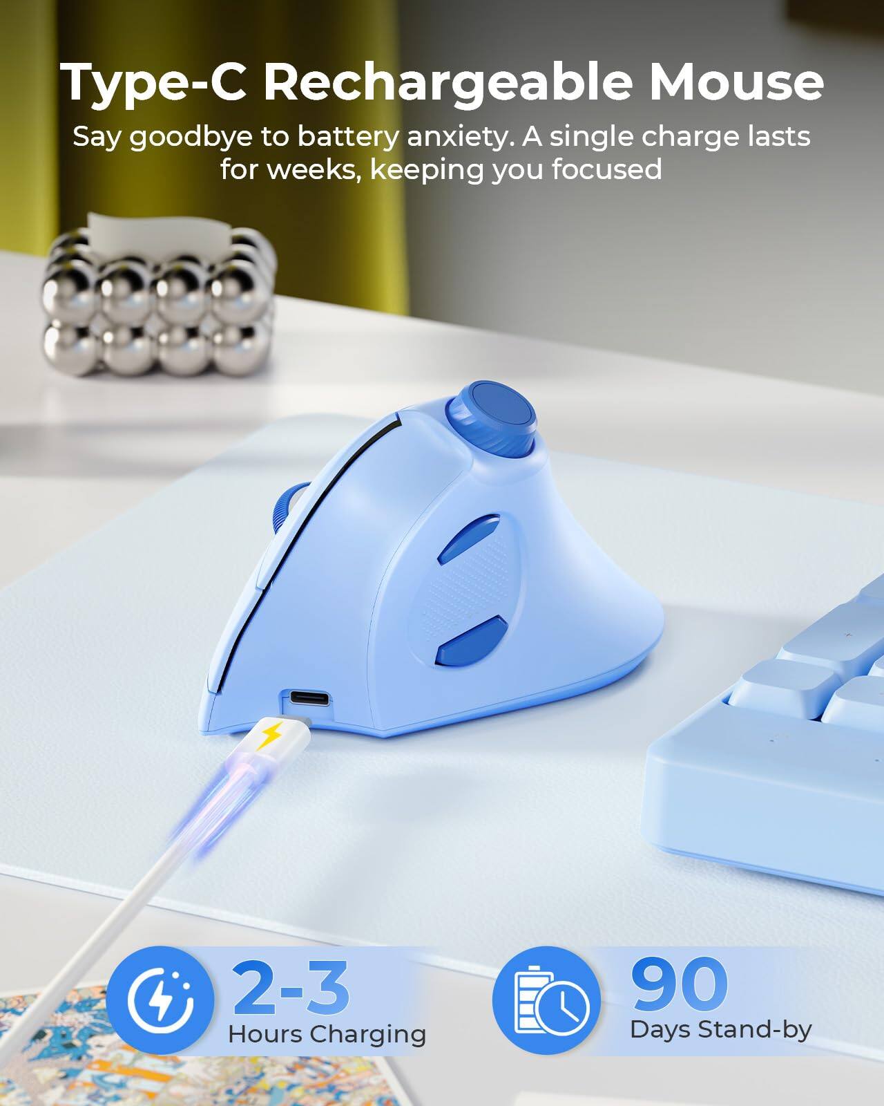 Type-C Rechargeable Mouse

Say goodbye to battery anxiety. A single charge lasts for weeks, keeping you focused

2-3 Hours Charging

90 Days Stand-by
