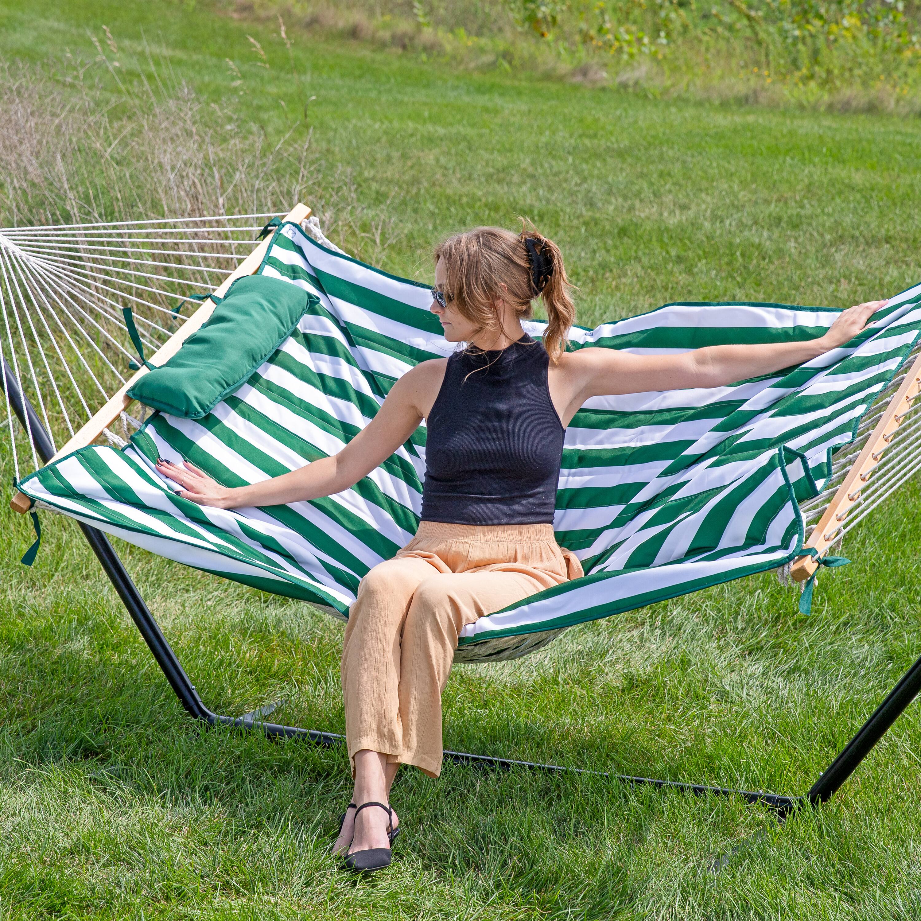 Alt View 9. Sunnydaze - Large Rope Hammock with Steel Stand and Pad/Pillow - Green and White Stripe.