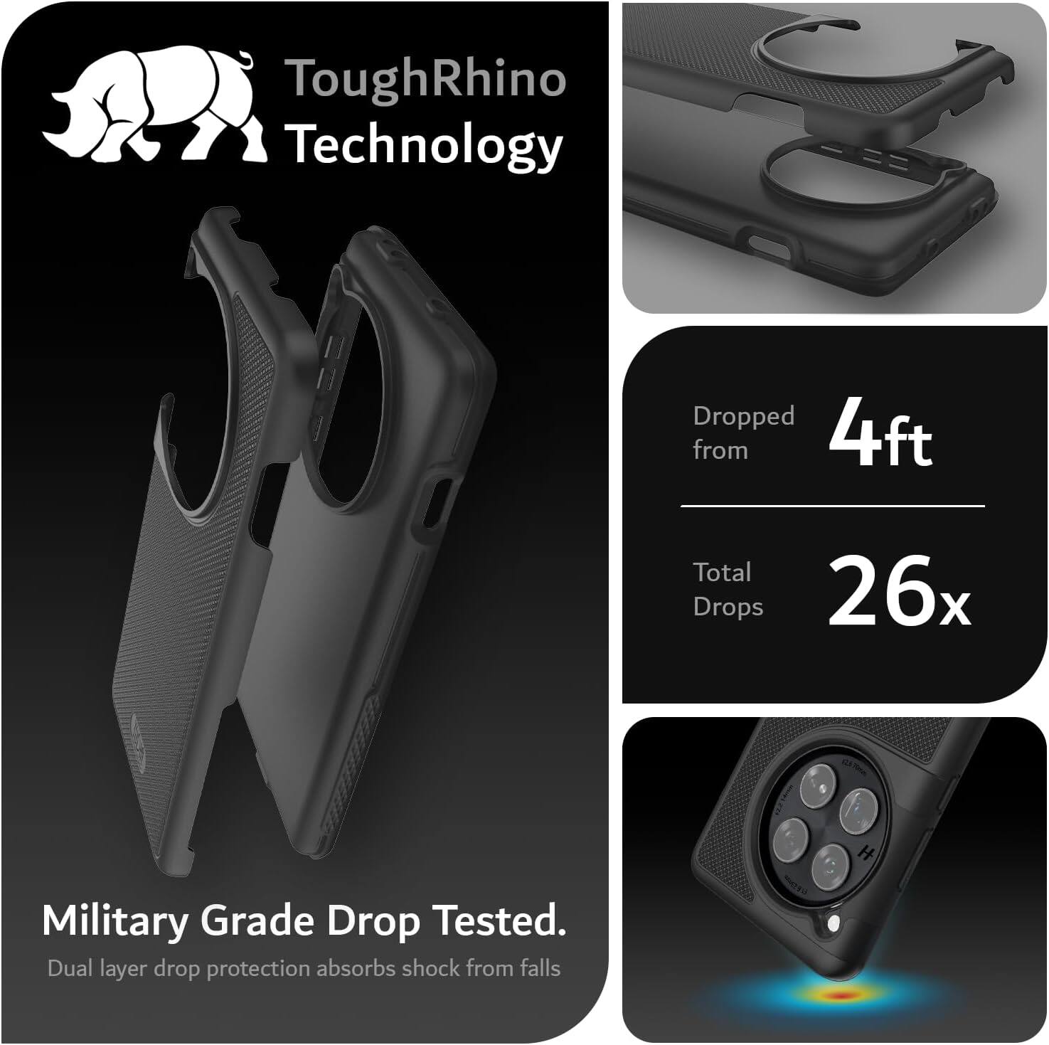 ToughRhino Technology

Dropped from 4ft  
Total Drops 26x

Military Grade Drop Tested.  
Dual layer drop protection absorbs shock from falls