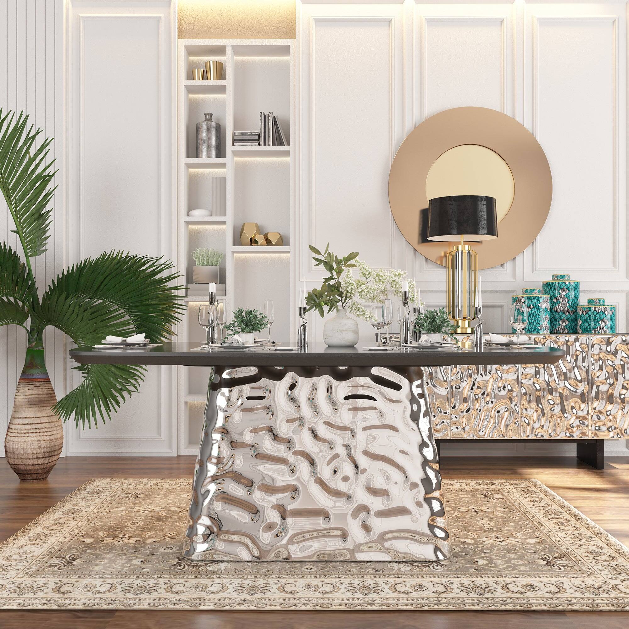 Alt View 9. Boyel Living - Silver and Black Wood 70.87 Inch Pedestal Dining Table Seats 6 Modern Luxury Stainless Steel Base - Multi-Colored.