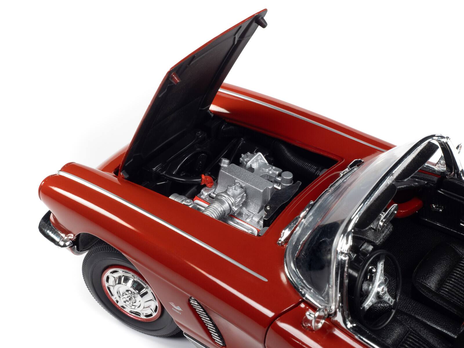 Left. Autoworld - 1962 Chevrolet Corvette Convertible Honduras Maroon Hemmings Motor News Sept 2022 Cover American Muscle 1/18 Auto World - Maroon Metallic.