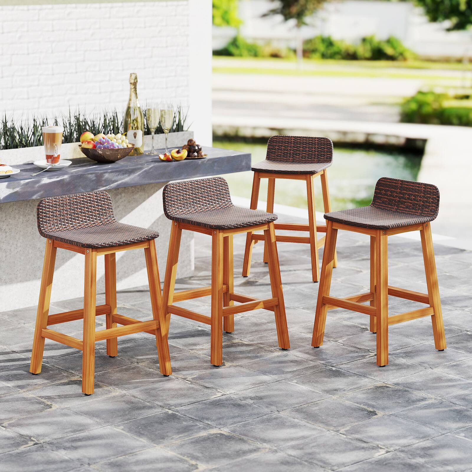 Alt View 1. Gymax - Gymax Solid Acacia Wood Bar Stools Set of 4 Rattan Bar Height Patio Chairs for Porch - Natural.