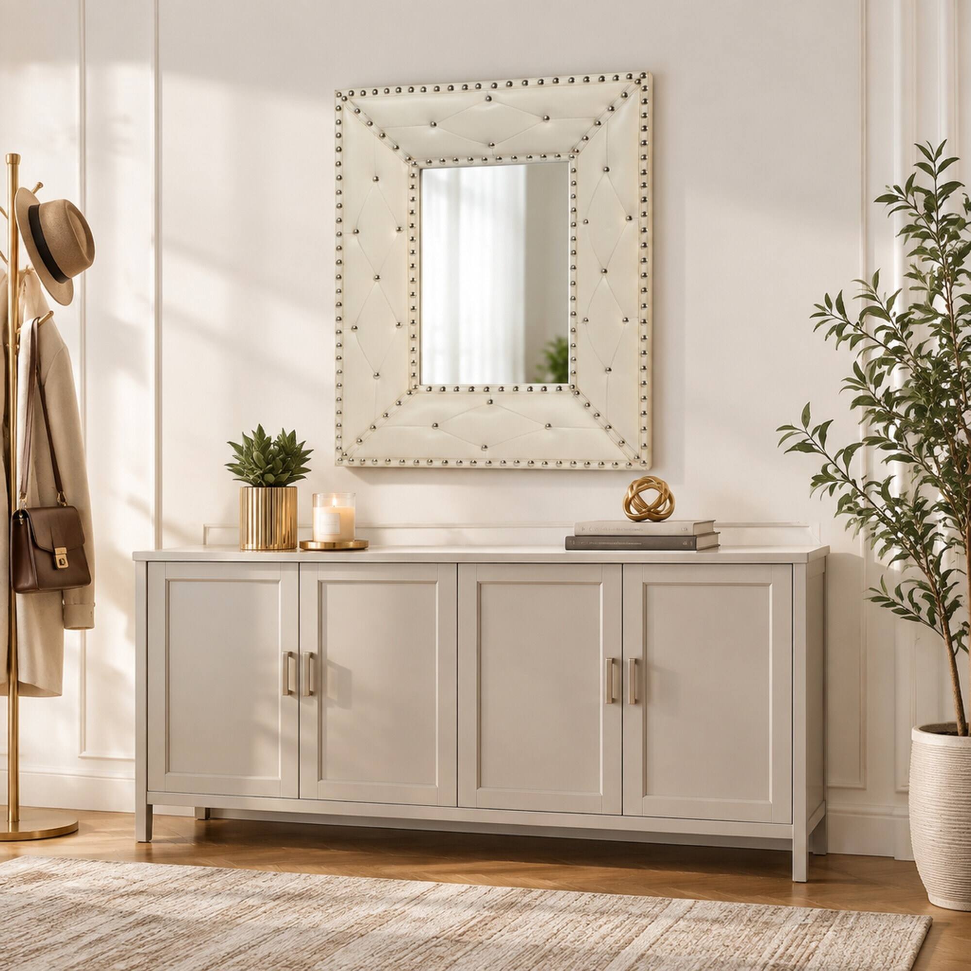 Left. RYHNUYNE - Rectangle Decorative Wall Mirror, 21x26 in, PU MDF Frame, Rivet Detail, Vanity and Entryway Decor - White.