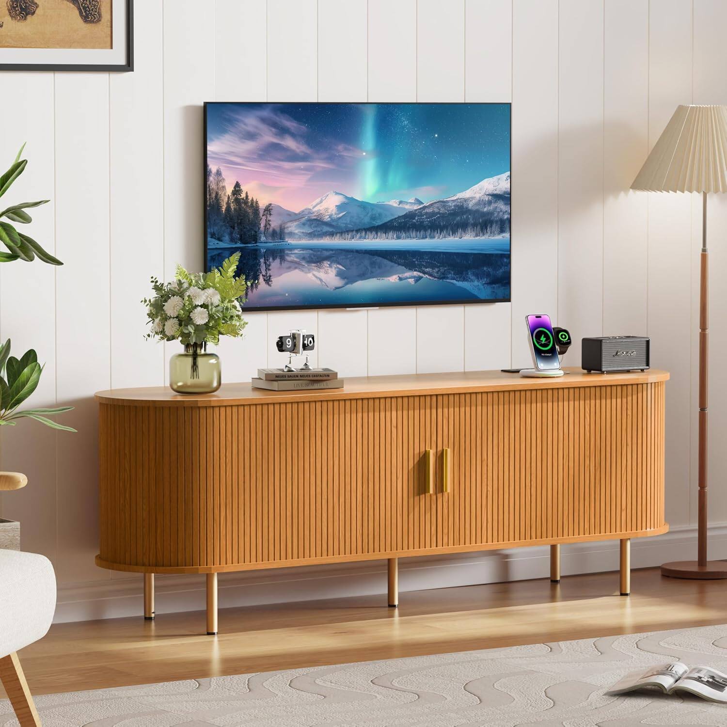 Alt View 4. Tiramisubest - 63" Mid Century TV Stand with Power Outlet for TVs up to 70 Inch,Media Console with Adjustable Shelves & Sliding Doors - Yellow Walnut.