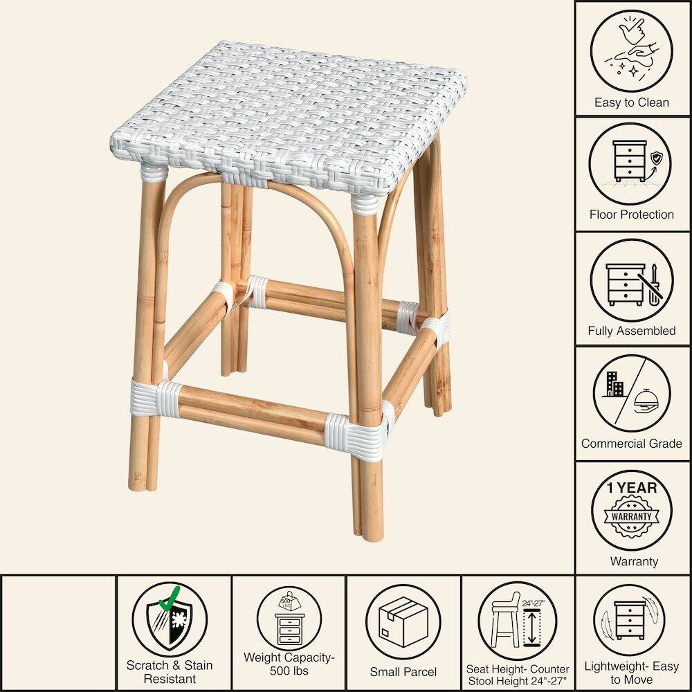 Easy to Clean  
Floor Protection  
Fully Assembled  
Commercial Grade  
1 YEAR WARRANTY  
Scratch & Stain Resistant  
Weight Capacity- 500 lbs  
Small Parcel  
Seat Height- Counter Stool Height 24"-27"  
Lightweight- Easy to Move