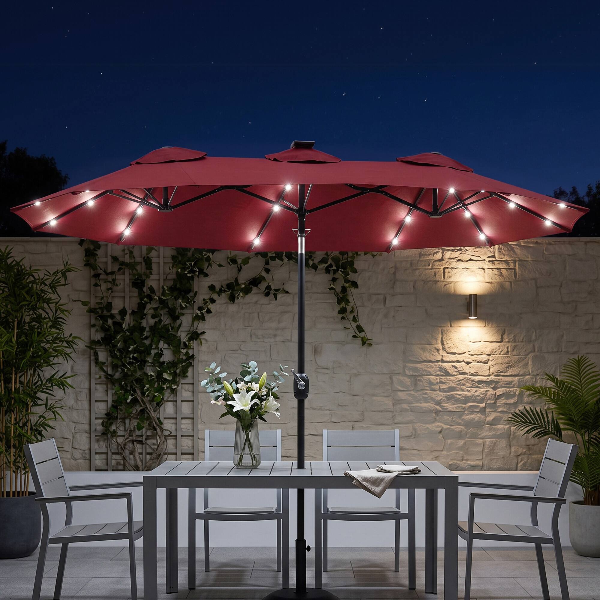 Alt View 1. Outsunny - Patio Umbrella, 9.7' Outdoor Umbrella with Tilt and Crank, LED Solar Light and 12 Ribs - Wine Red.