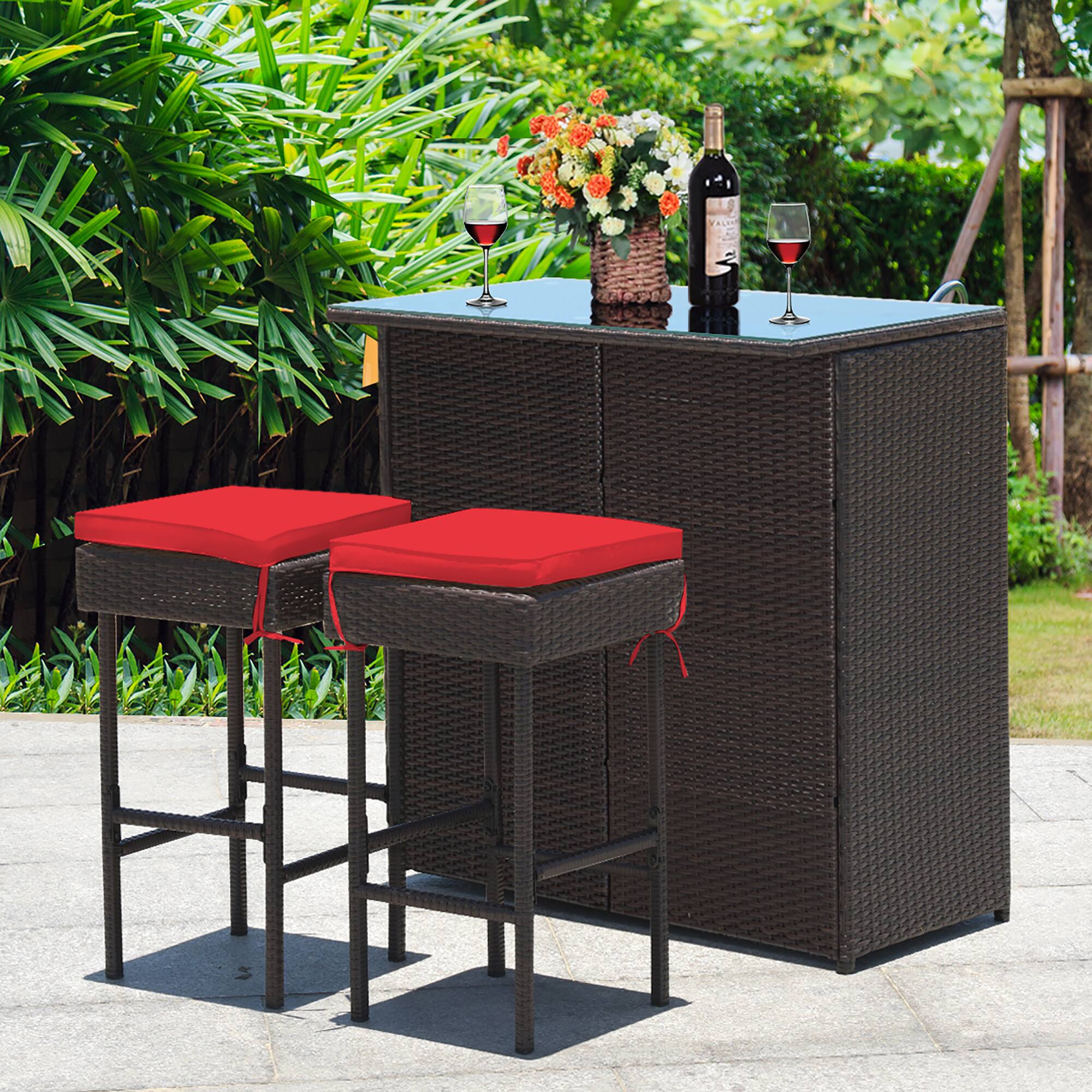 Alt View 3. Costway - 3PCS Patio Rattan Wicker Bar Table Stools Dining Set Cushioned Chairs Garden - Mixed Brown/Red.