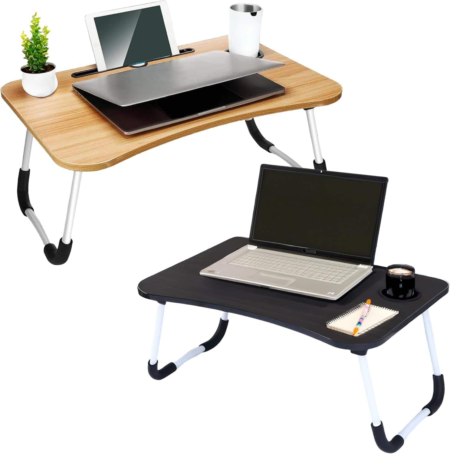 FC Design - 2 Pack Foldable Laptop Cumputer Table, Breakfast Serving Bed Tray, Lap Desk with Foldable Leg - Beige/Black - Beige and Black
