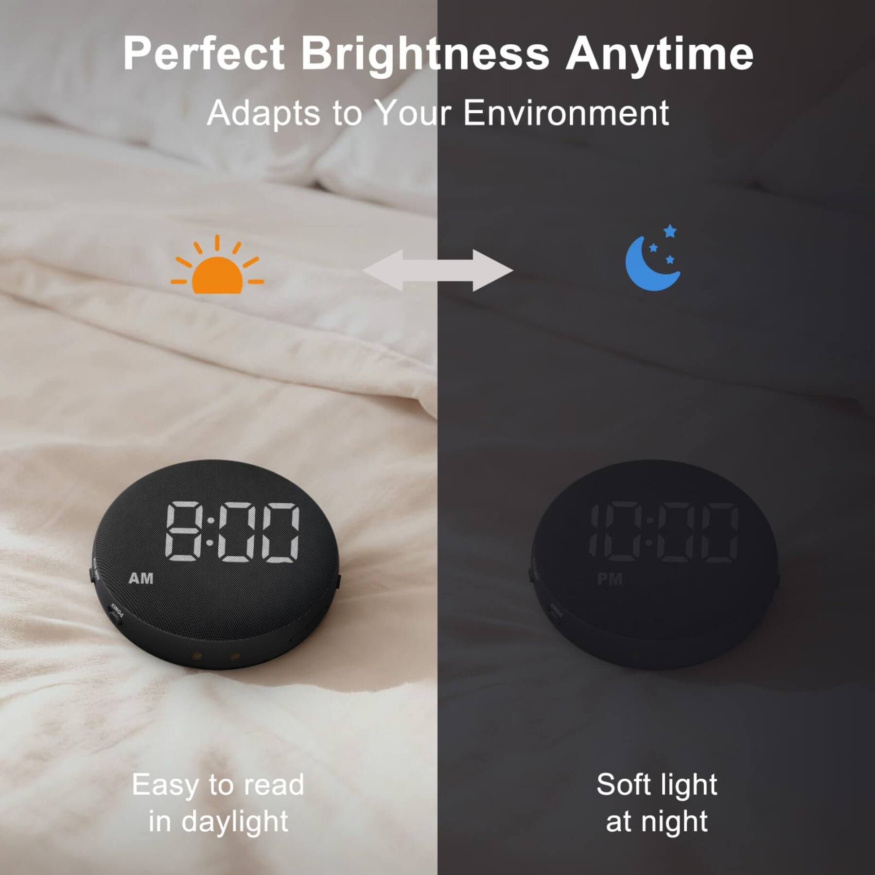 Perfect Brightness Anytime  
Adapts to Your Environment

300 AM  
HERE PM

Easy to read in daylight  
Soft light at night