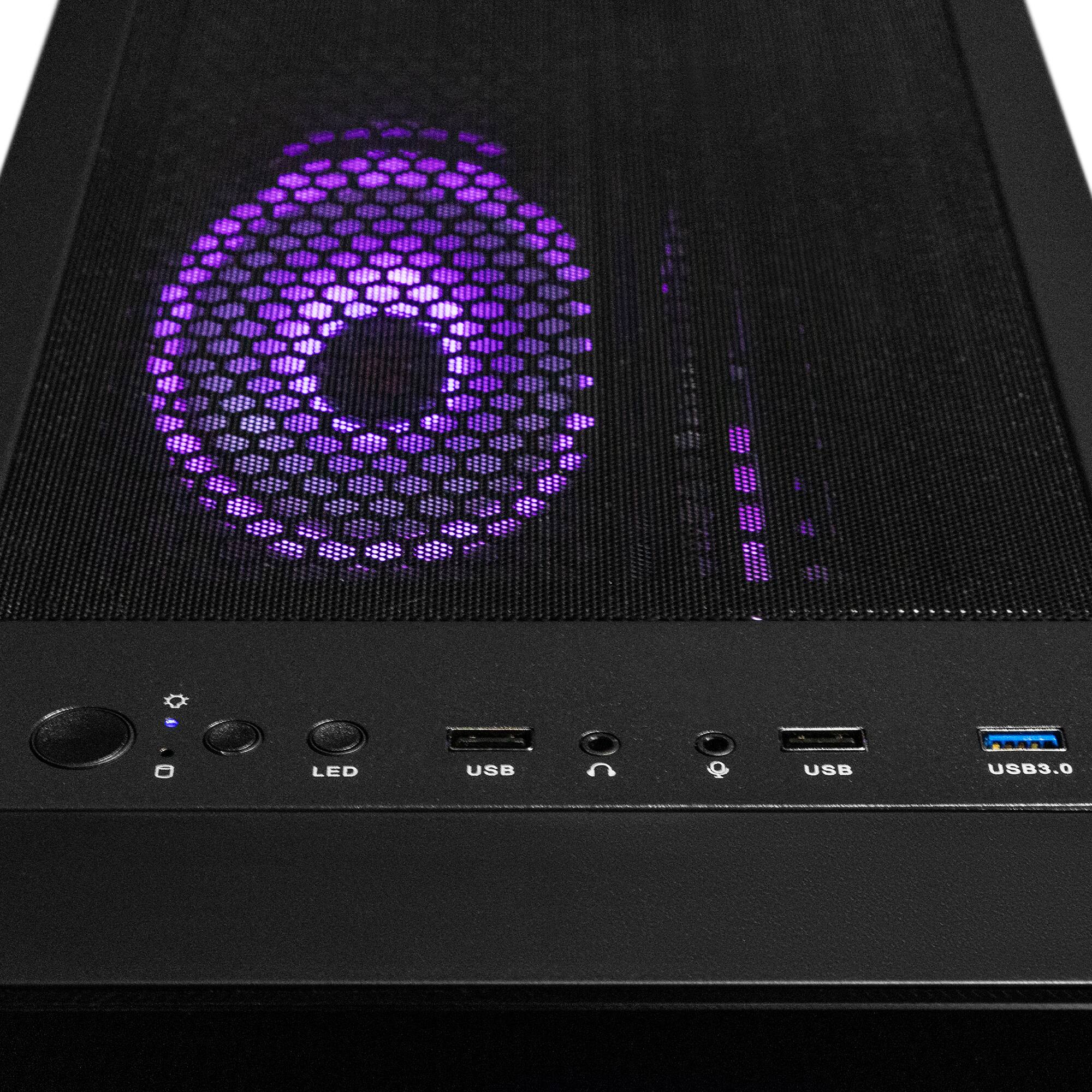 The image shows a computer tower with a purple light on the front. The tower has a USB 3.0 port and a USB C port. There are also two USB A ports available.