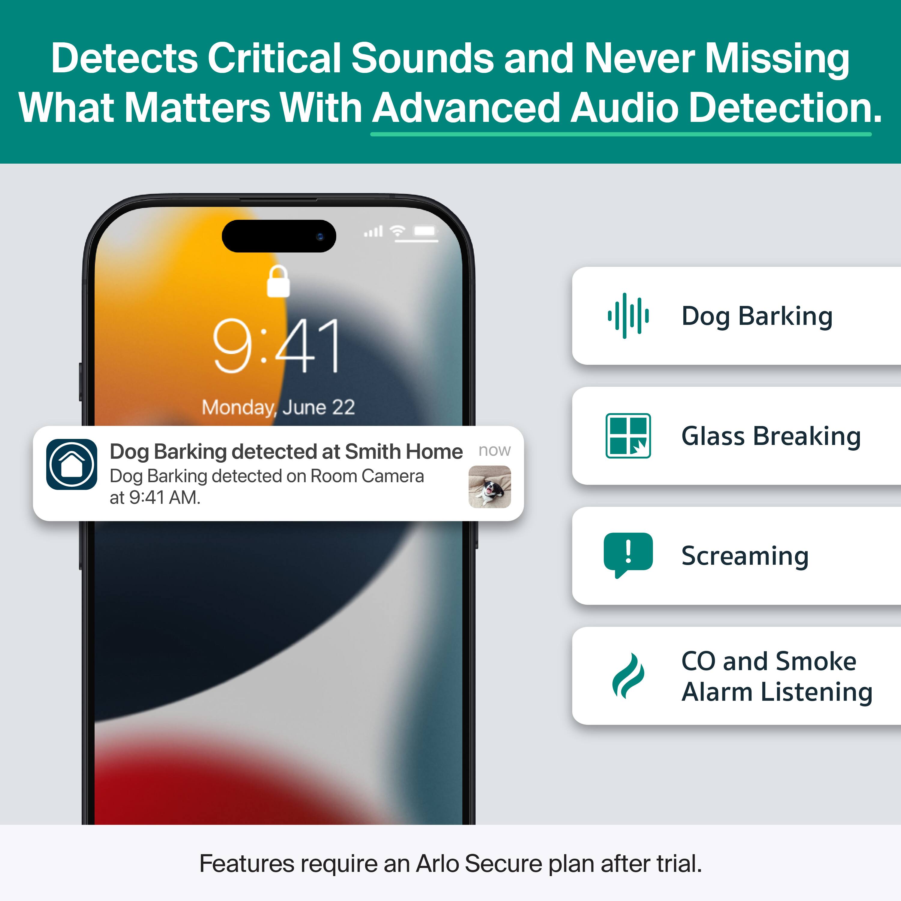 Detects Critical Sounds and Never Missing What Matters With Advanced Audio Detection.

9:41 Monday, June 22

Dog Barking detected at Smith Home
Dog Barking detected on Room Camera at 9:41 AM.

Dog Barking
Glass Breaking
Screaming
CO and Smoke Alarm Listening

Features require an Arlo Secure plan after trial.