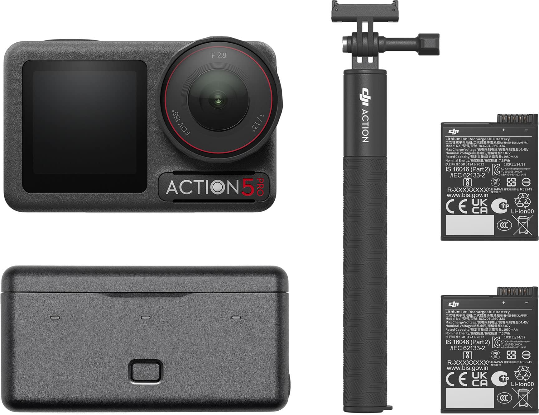 The image features a camera with a lens attached to it, a tripod, and a battery. The camera is an Action 5 Pro, and it has a F2.8 lens with a 155* 1/1.3 FOV. The tripod is a GorillaPod, and it is black in color. The battery is a rechargeable lithium-ion battery, and it has a capacity of 2900mAh. The image also includes a small box with the text "Action 5 Pro" on it.