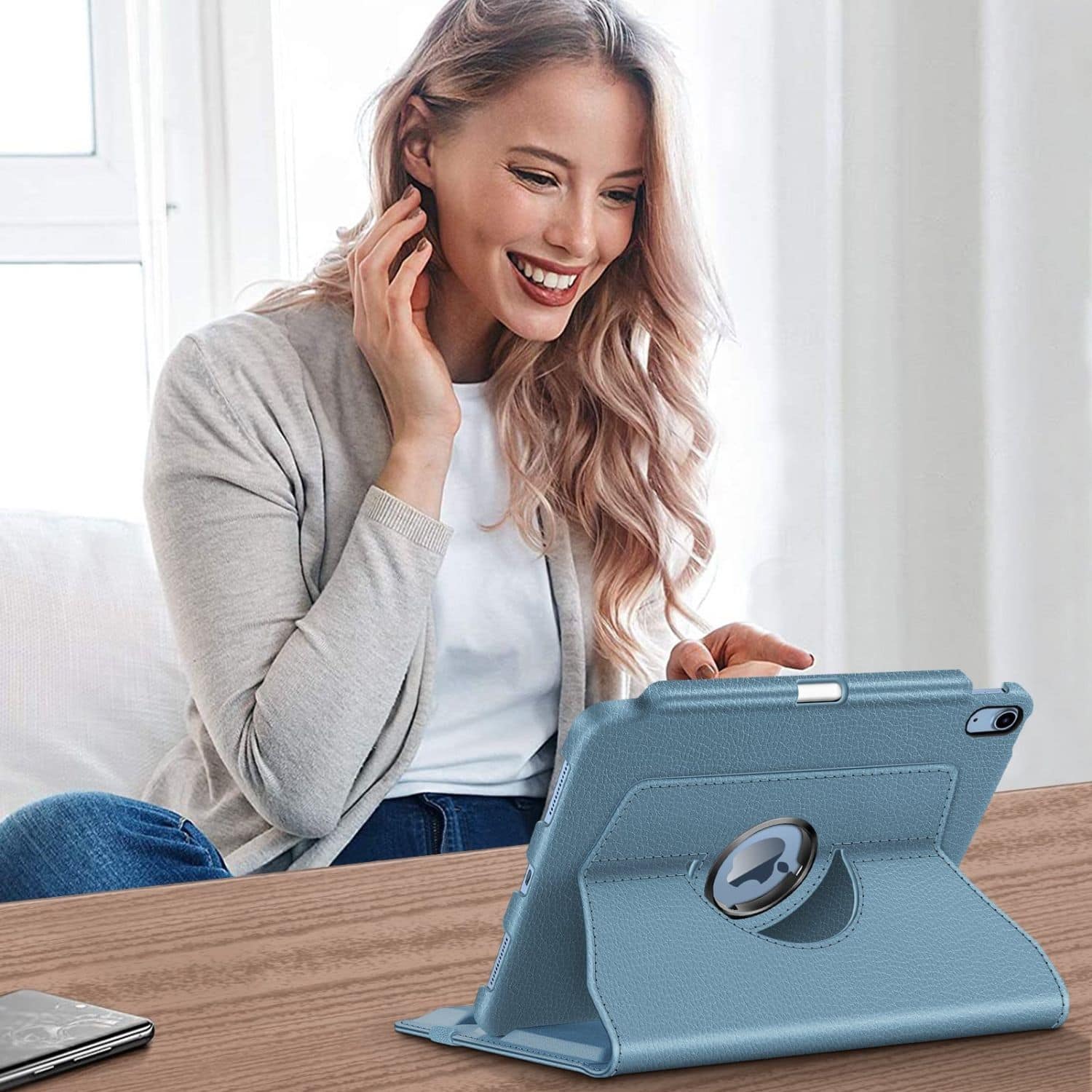 Angle. Stock Preferred - Case For iPad (A16) 11th Gen 11 Inch (2025) 360° Rotating Stand Shockproof Ocean Blue - Ocean Blue.