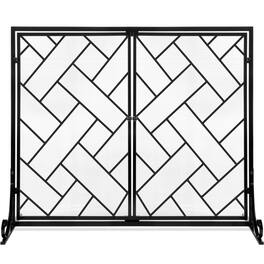 Best Choice Products - 44x33in 2-Panel Handcrafted Wrought Iron Geometric Fireplace Screen w/ Magnetic Doors - Black