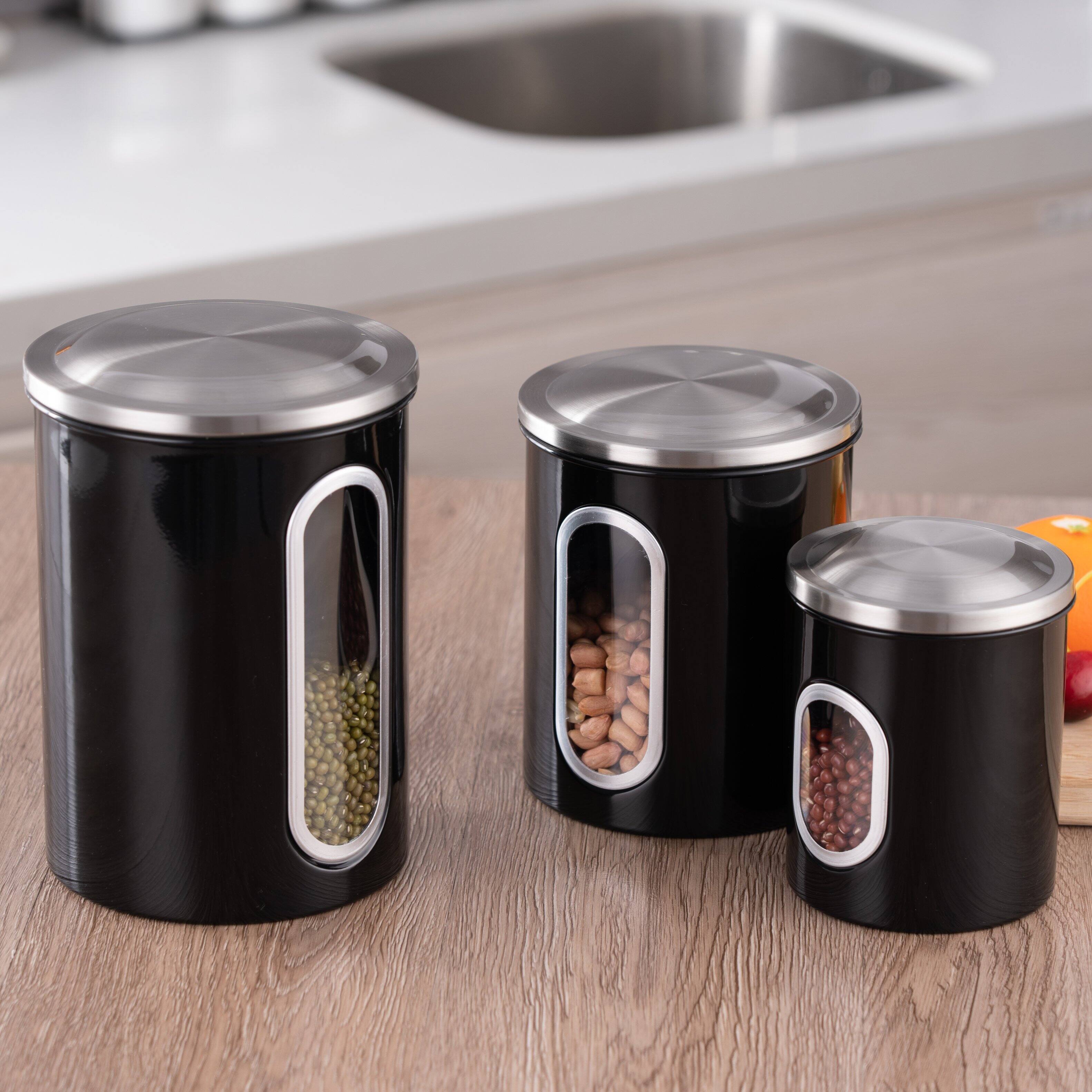 Angle. Malletson - 3 Piece Stainless Steel Canister Set, Airtight Coffee Container Tea Organizer & Sugar Canister, Kitchen - Black.