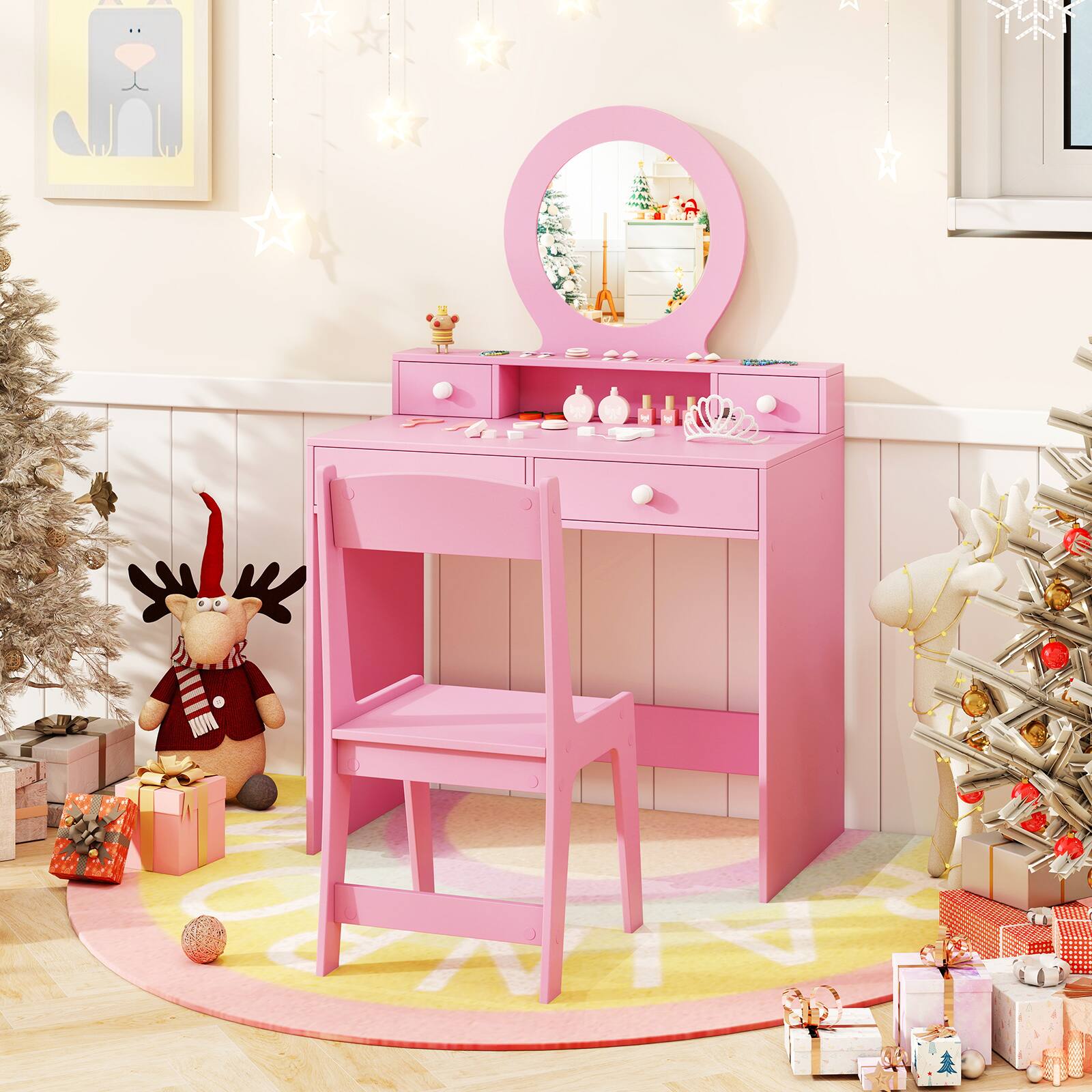 Alt View 6. Gymax - Gymax Kids Vanity Set Desk & Chair Set w/ Mirror Open Shelf & 4 Storage Drawers Pink - Pink.