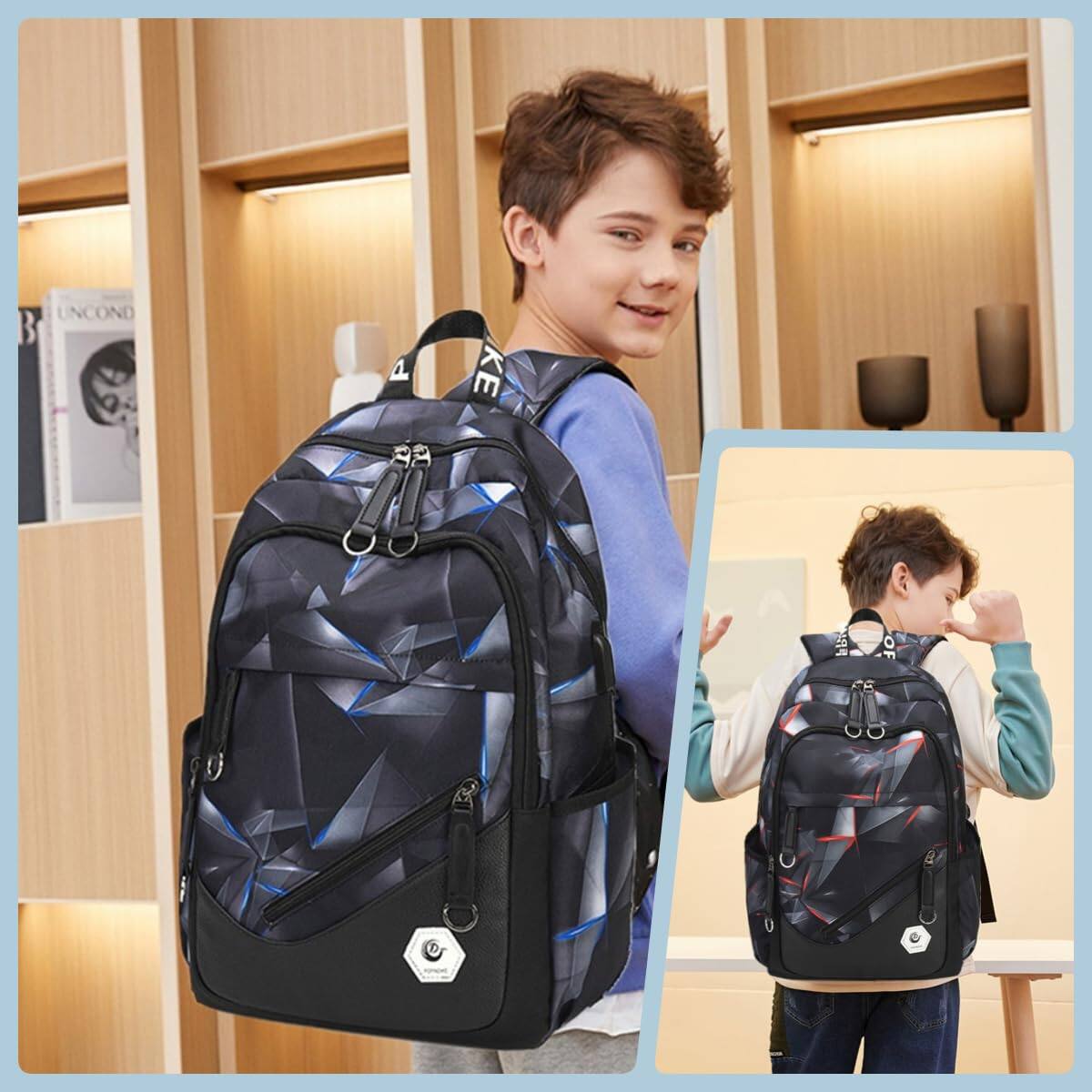 Left. Cozy Serene - Geometric-print Backpack For Elementary Middle School Bookbag Bag Teens Black Red - Black+blue-Style A-with USB Port.