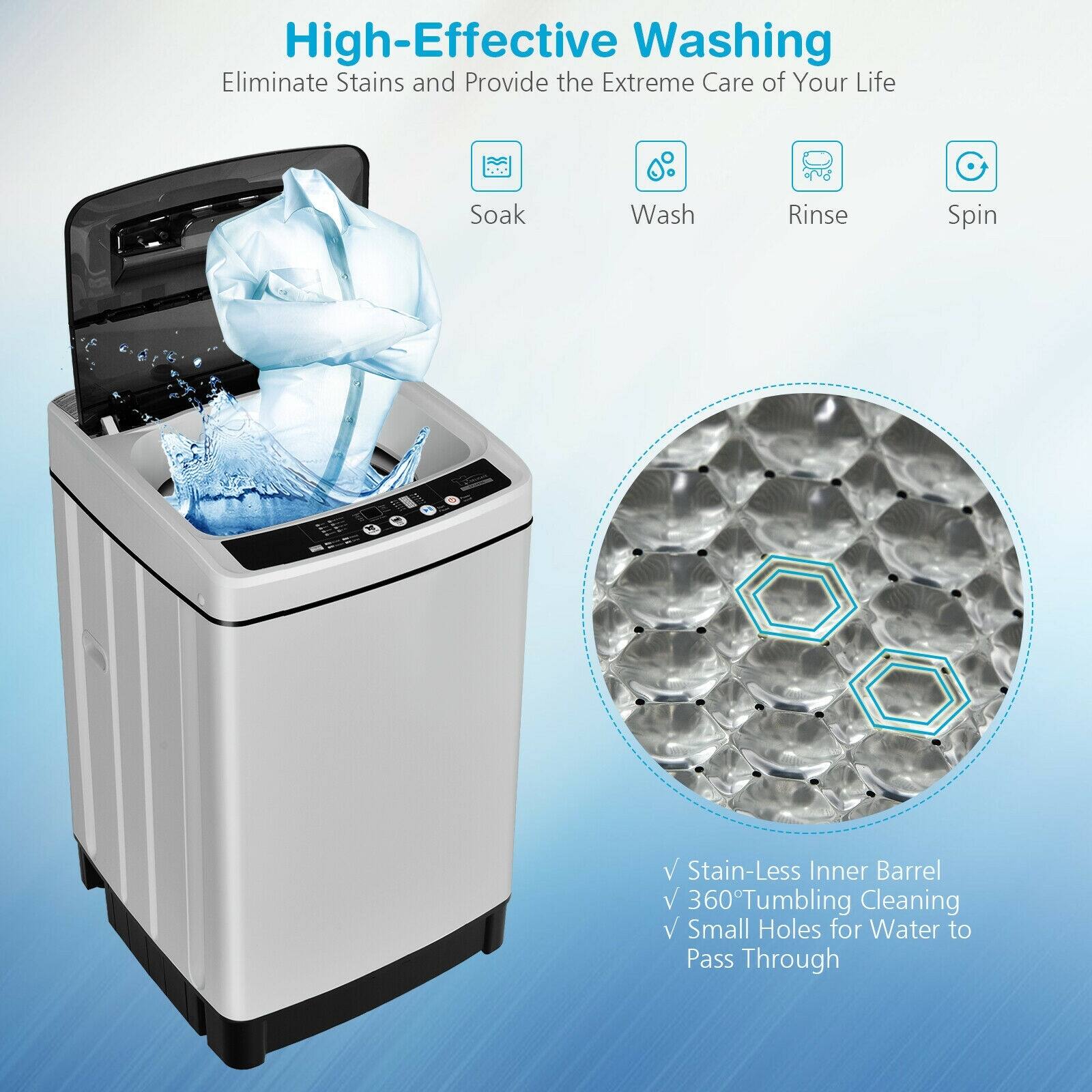 High-Effective Washing
Eliminate Stains and Provide the Extreme Care of Your Life
Soak
Wash
Rinse
Spin
V Stain-Less Inner Barrel
V 360° Tumbling Cleaning
V Small Holes for Water to Pass Through