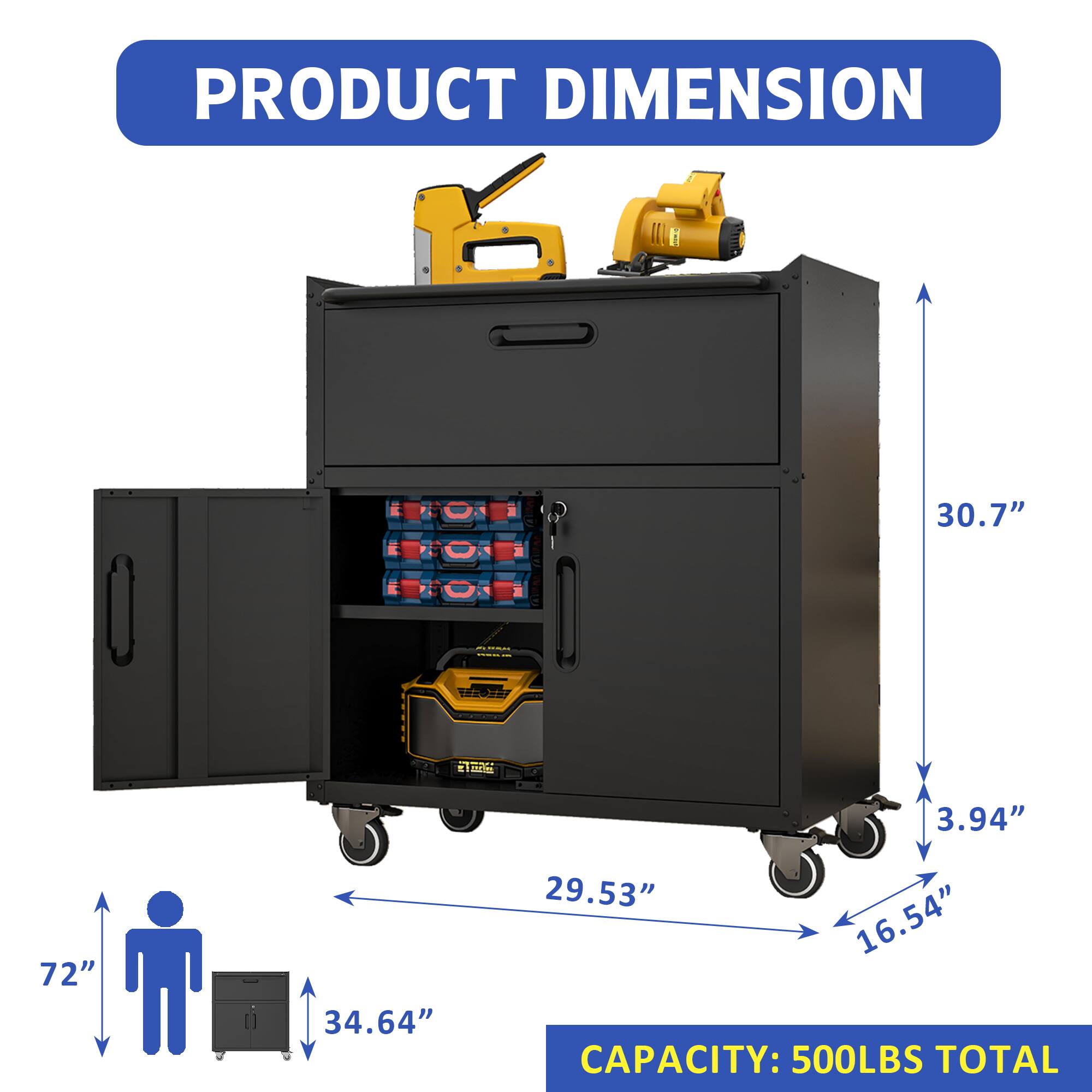 PRODUCT DIMENSION

- Height: 30.7"
- Width: 72"
- Depth: 34.64"
- Height of the lower cabinet: 29.53"
- Width of the lower cabinet: 16.54"
- Height of the wheels: 3.94"

CAPACITY: 500LBS TOTAL