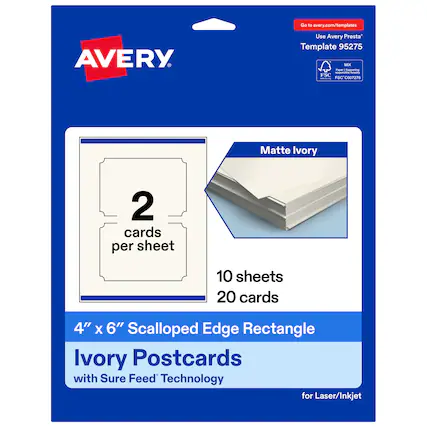Go to avery.com/templates
Use Avery Presta Template 95275
Matte Ivory
2 cards per sheet
10 sheets
20 cards
4" x 6" Scalloped Edge Rectangle Ivory Postcards with Sure Feed Technology for Laser/Inkjet