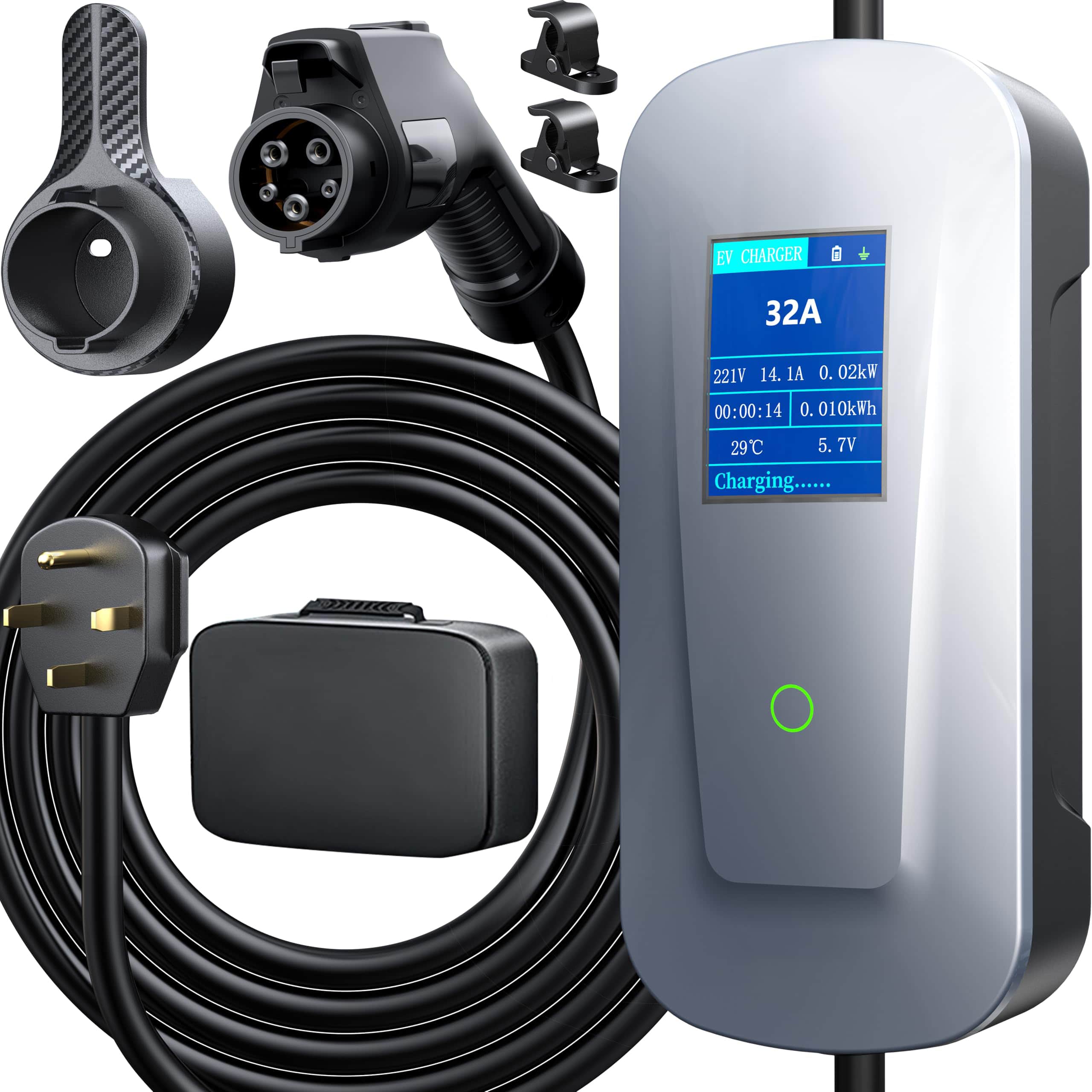 GlowWise - Level 2 EV Charger 32A/7.68KW,25ft Cable,NEMA 14-50P, J1772 Portable Charging Station for All Electric & Hybrid Vehicles - Gray