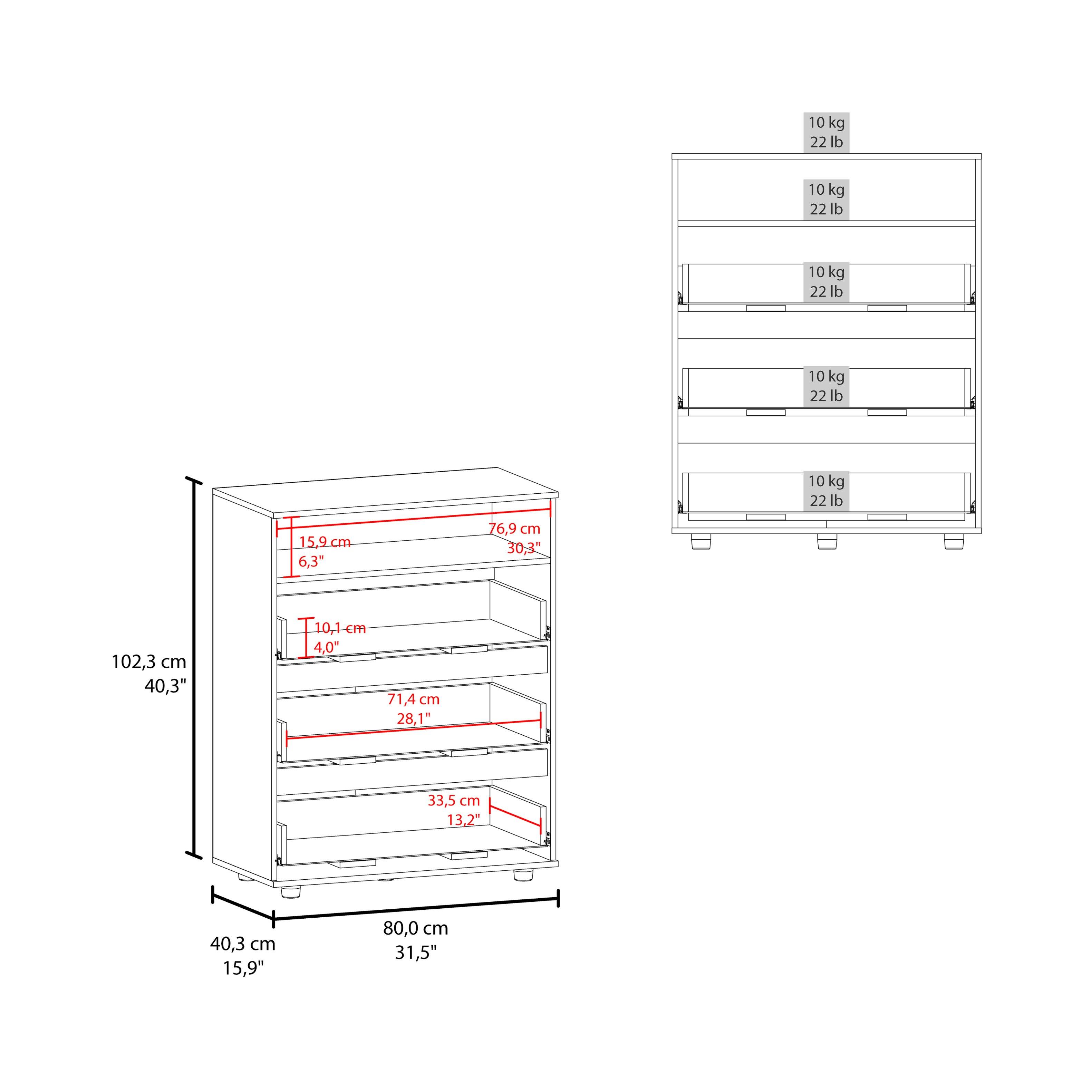 10 kg 22 lb  
10 kg 22 lb  
10 kg 22 lb  
10 kg 22 lb  

15,9 cm 6,3"  
76,9 cm 30,3"  
102,3 cm 40,3"  
10,1 cm 4,0"  
71,4 cm 28,1"  
33,5 cm 13,2"  
40,3 cm 15,9"  
80,0 cm 31,5"