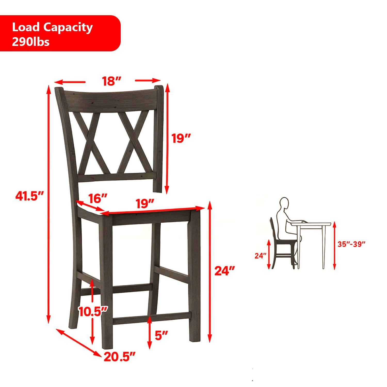 Load Capacity 290lbs  
18"  
19"  
41.5"  
16"  
19"  
24"  
24"  
35"-39"  
10.5"  
5"  
20.5"