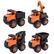 A set of four Black and Decker toy trucks are displayed. Each truck has a different function, including a dump truck, a tow truck, a crane, and a flatbed truck. The toy trucks are made of plastic and are designed for children to play with.