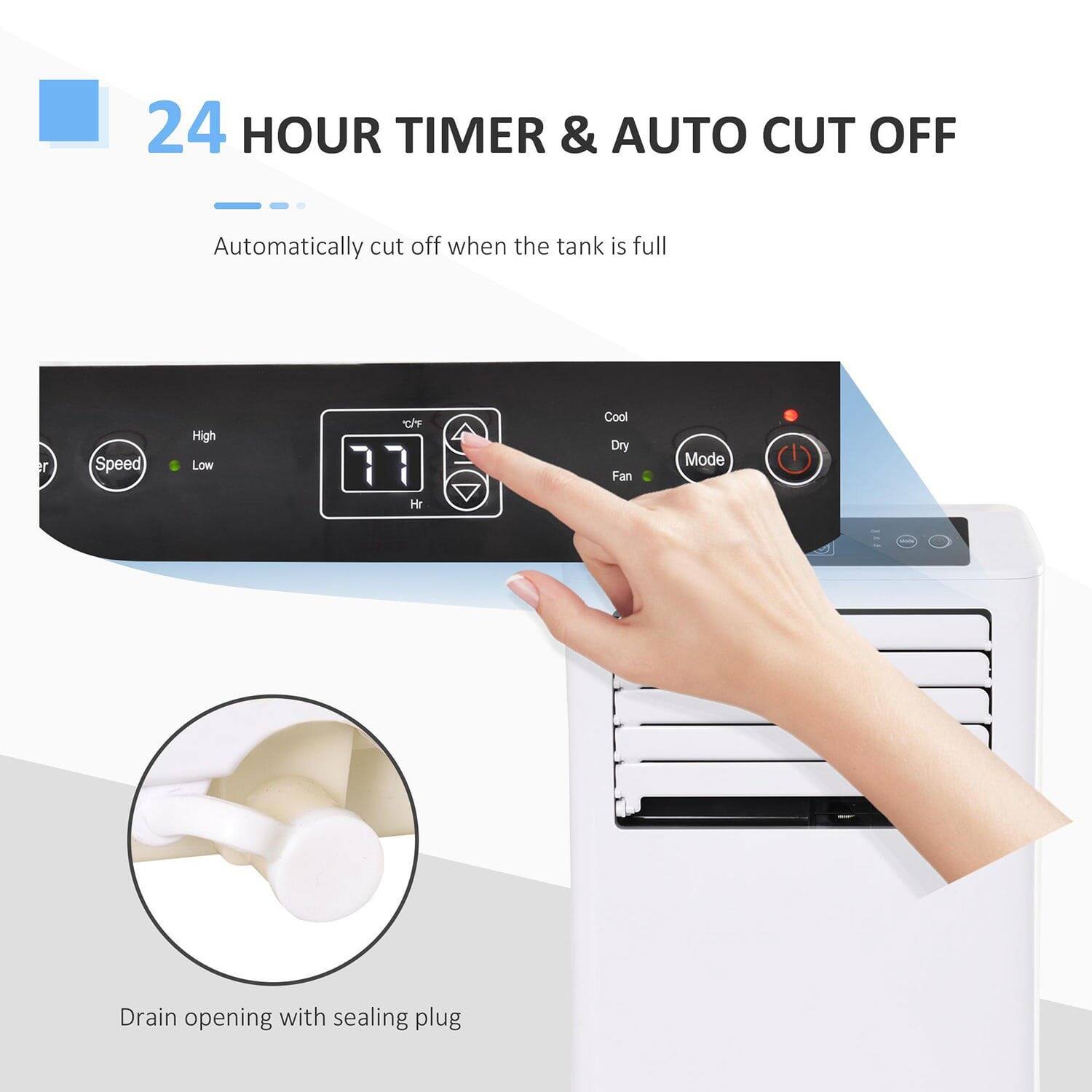24 HOUR TIMER & AUTO CUT OFF  
Automatically cut off when the tank is full  

Speed  
High  
Low  

Cool  
Dry  
Fan  

Mode  

Drain opening with sealing plug