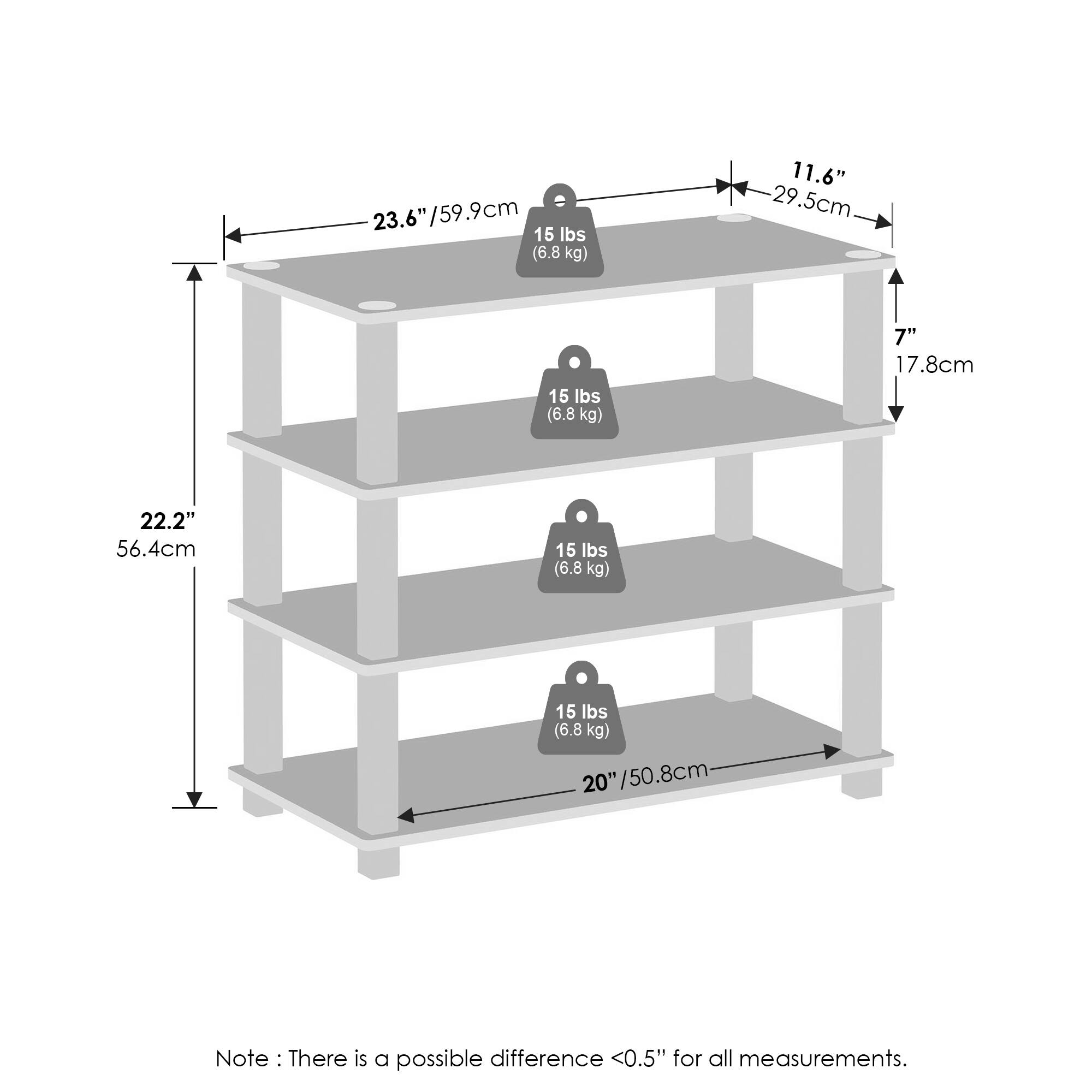 23.6" / 59.9cm  
15 lbs (6.8 kg)  
11.6" / 29.5cm  
7" / 17.8cm  
22.2" / 56.4cm  
20" / 50.8cm  

Note: There is a possible difference <0.5" for all measurements.