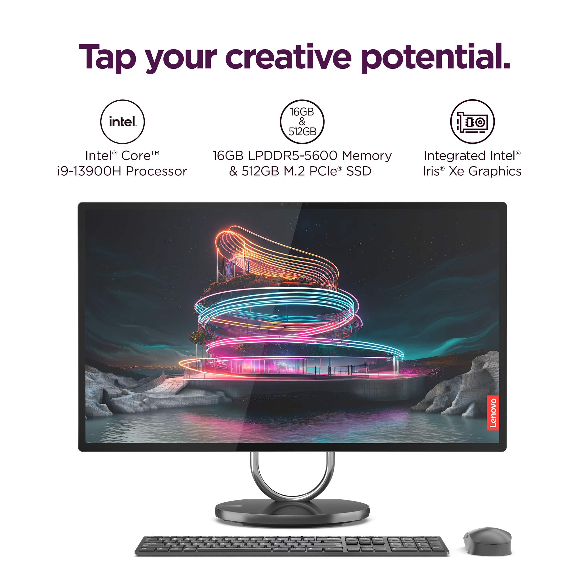 Tap your creative potential with Intel. This computer features a 16GB Intel Core processor, 512GB of memory, and an integrated Intel i9-13900H processor. It also has a 512GB M.2 PCle* SSD and Iris Xe graphics. This powerful machine is made by Lenovo.