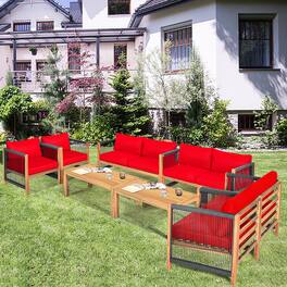 Costway - 8 PCS Acacia Wood Patio Conversation Set w/Cushions for Garden - Red