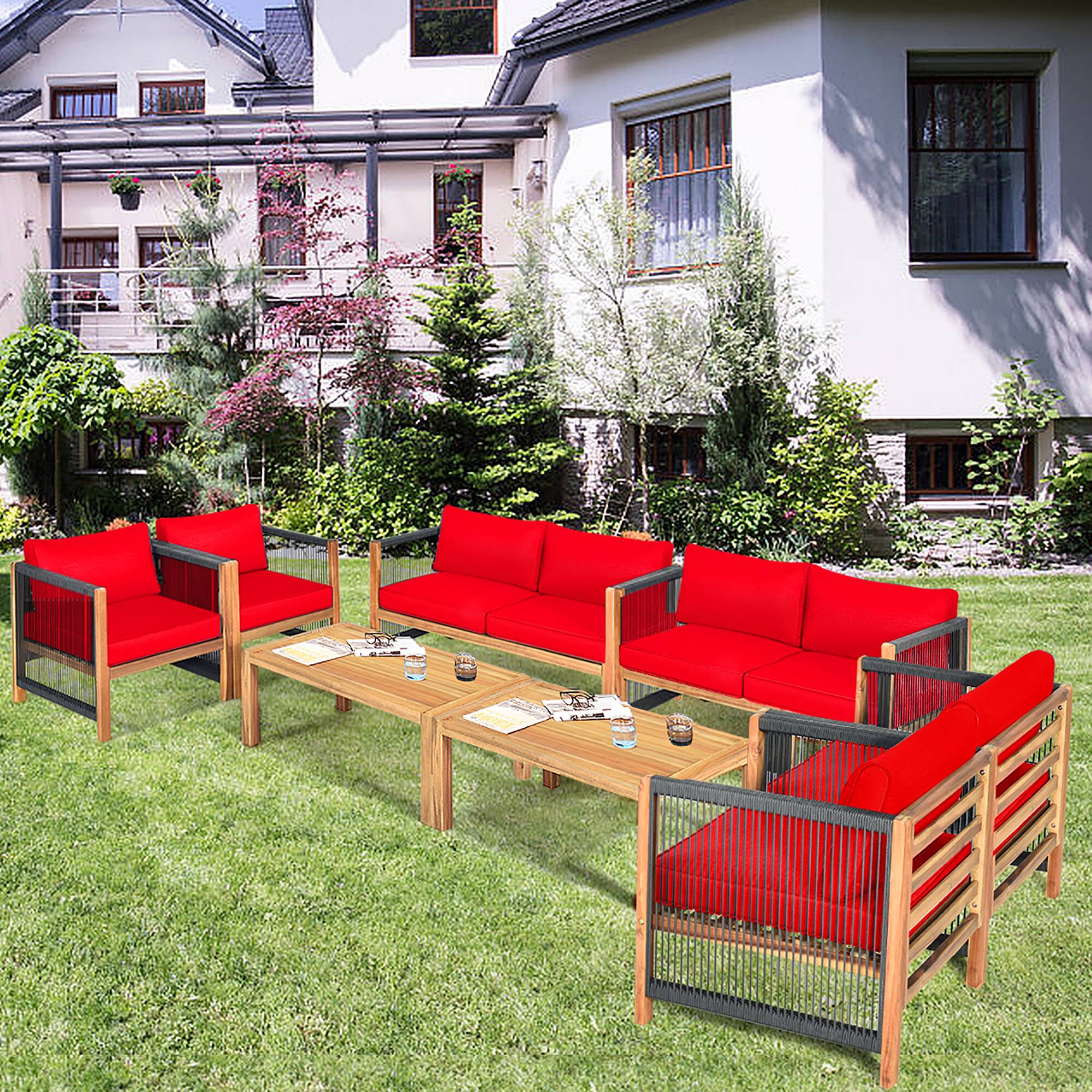 Alt View 1. Costway - Costway 8 PCS Acacia Wood Patio Conversation Set w/Cushions for Garden - Red.