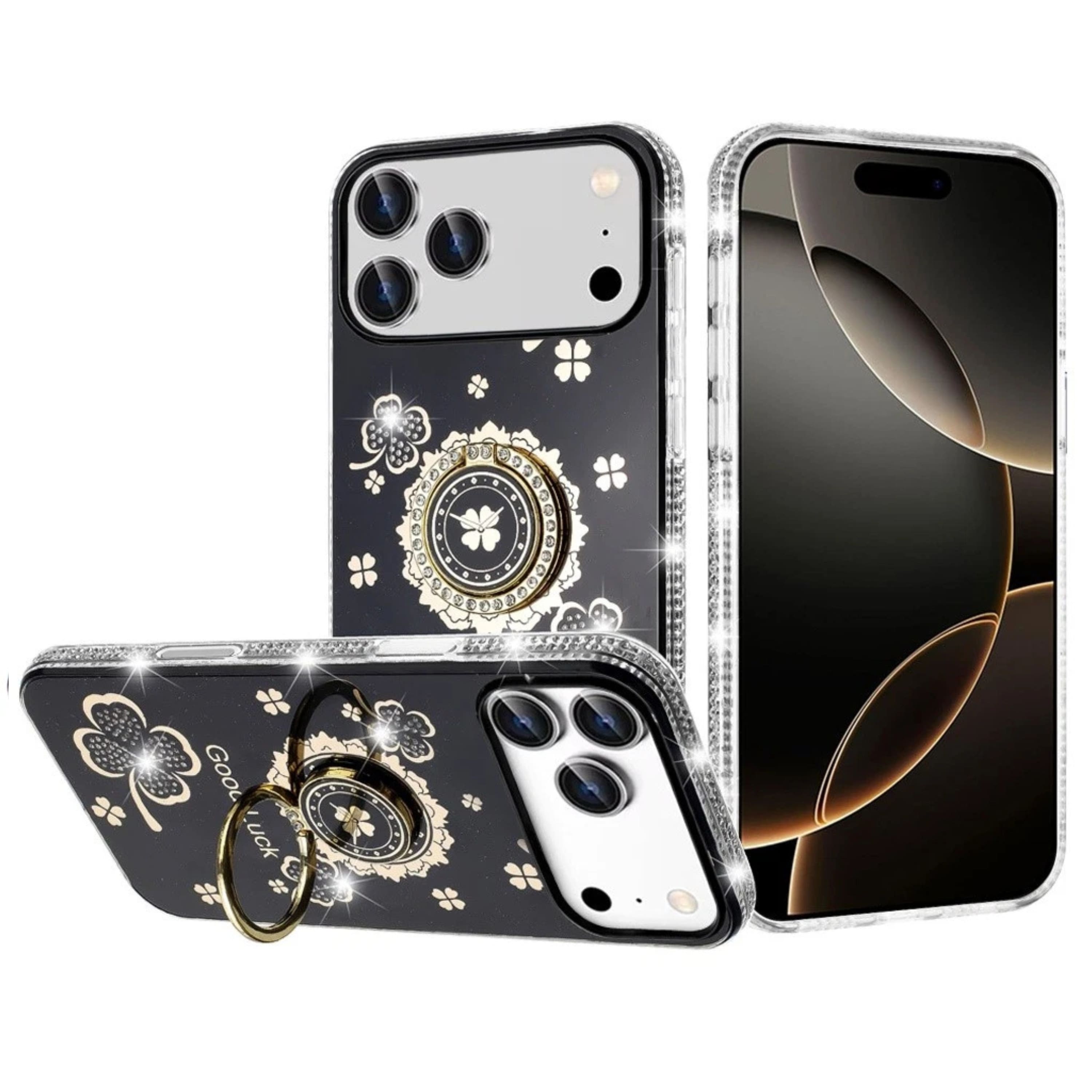 Kitcheniva - Crystal Studded Ring Stand Bling Case With Tempered Glass For iPhone 17 Pro Max - Black price history on PriceWatchPro