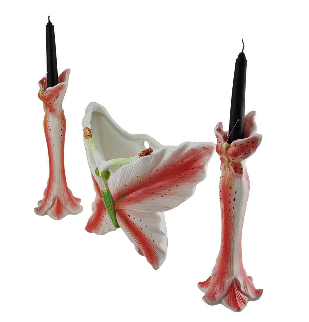 Alt View 1. Zeckos - 3 Pc. Pink Tiger Lily Flower Candle Holder and Butterfly Vase Set - Pink.