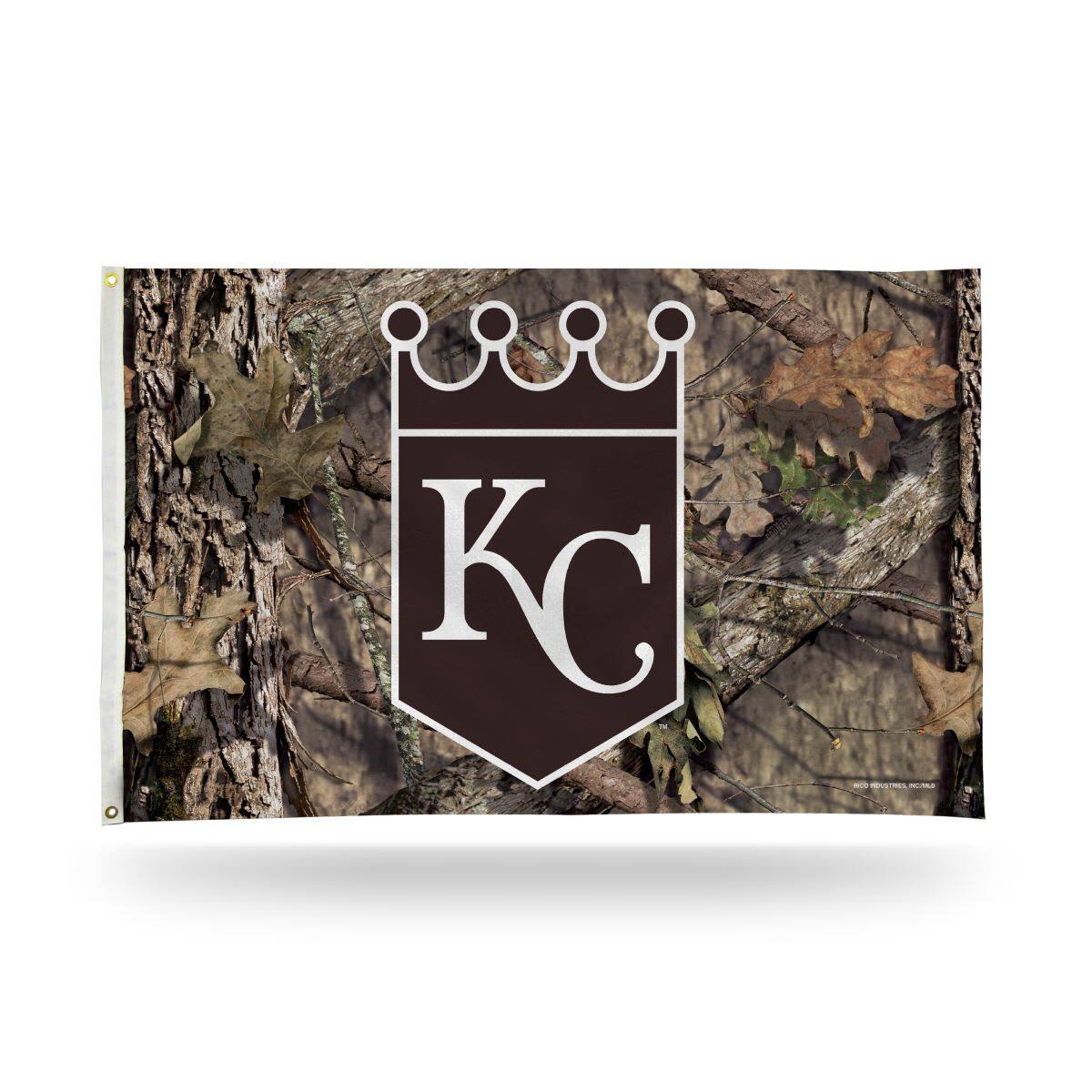 Front. Rico Industries - Kansas City Royals Baseball - Mossy Oak - Camo Design 3x5 Indoor or Outdoor House Banner Flag - Multi.