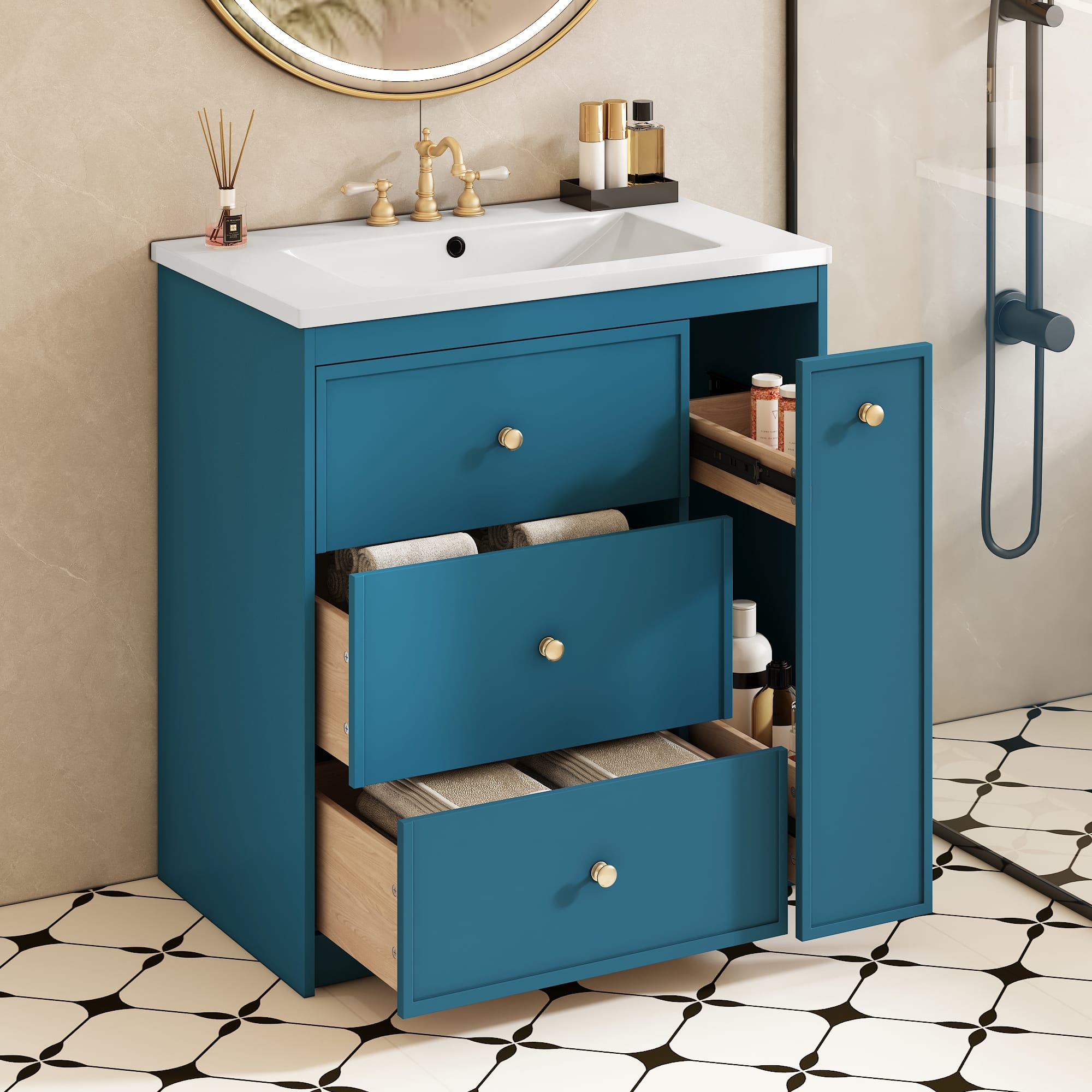 Tiramisubest - 30" Bathroom Vanity with Ceramic Sink Combo, Free Standing Single Vanity Set with Four Drawers, Bathroom Storage Cabinet - Blue
