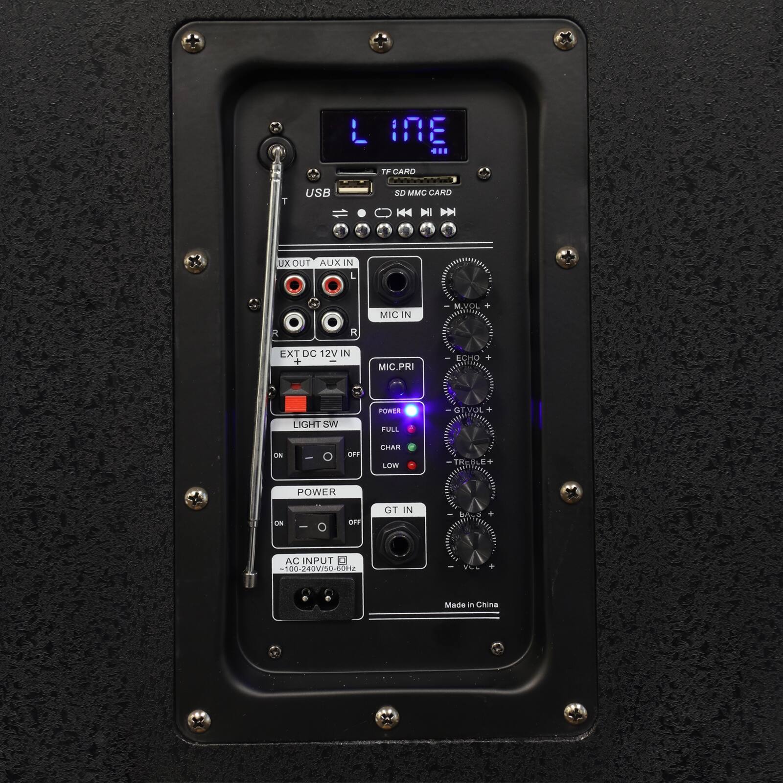 Sure, here is the corrected and grouped text from the image:

---

**Top Section:**
- TF CARD
- SD MMC CARD
- USB
- AUX IN
- MIC IN
- EXT DC 12V IN
- MIC.PRI
- ECHO
- LIGHT SW
- POWER
- GTVOL
- CHAR
- LOW
- TREBLE
- GT IN
- AC INPUT 100-240V/50-60Hz
- Made in China

**Left Section:**
- USB
- TF CARD
- SD MMC CARD
- AUX OUT
- AUX IN
- MIC IN
- EXT DC 12V IN
- LIGHT SW
- POWER
- GT IN
- AC INPUT 100-240V/50-60Hz

**Right Section:**
- TF CARD
- SD MMC CARD
- USB
- AUX IN
- MIC IN
- EXT DC 12V IN
- MIC.PRI
- ECHO
- LIGHT SW
- POWER
- GTVOL
- CHAR
- LOW
- TREBLE
- GT IN
- AC INPUT 100-240V/50-60Hz
- Made in China

**Bottom Section:**
- AC INPUT 100-240V/50-60Hz

---

This text is organized based on the layout and labels visible on the device.