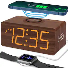 Dazzed Corner - Wooden Digital Alarm Clock with 10W Wireless Charging - Brown