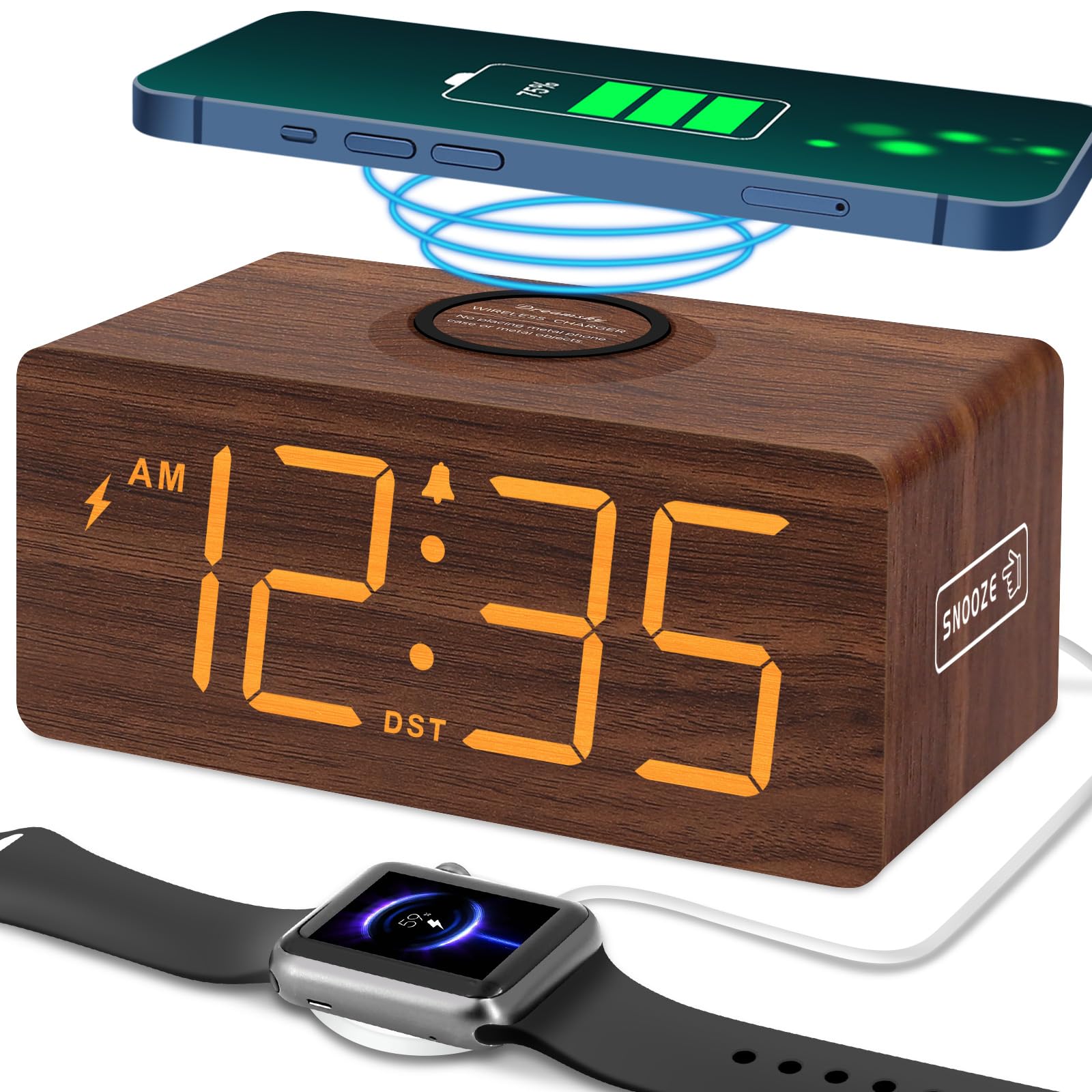 Dazzed Corner - Wooden Digital Alarm Clock with 10W Wireless Charging - Brown