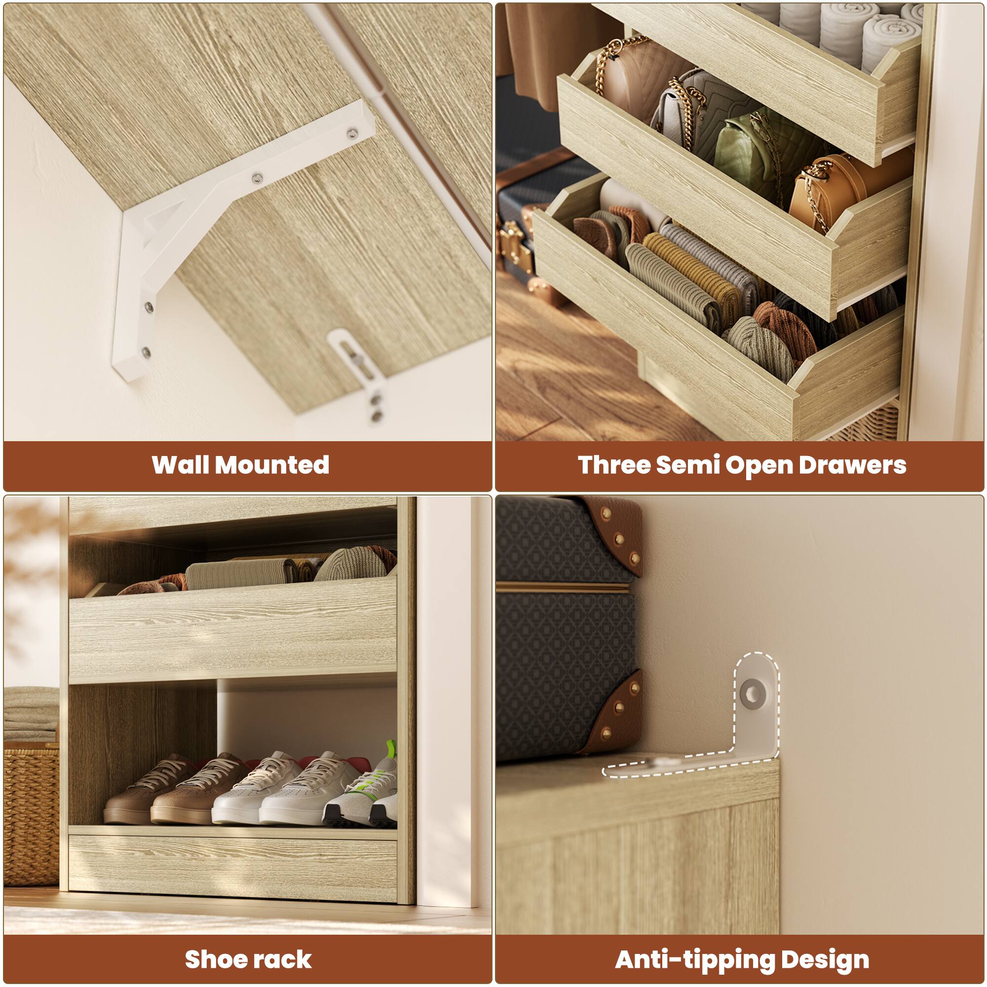 Wall Mounted Three Semi Open Drawers Shoe rack Anti-tipping Design