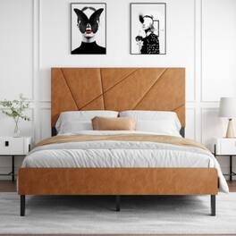 LUCKY ONE - Full Size Metal Platform Bed Frame with Upholstered Headboard, Square Design, Under-Bed Storage, No Box Spring Needed - Antique brown