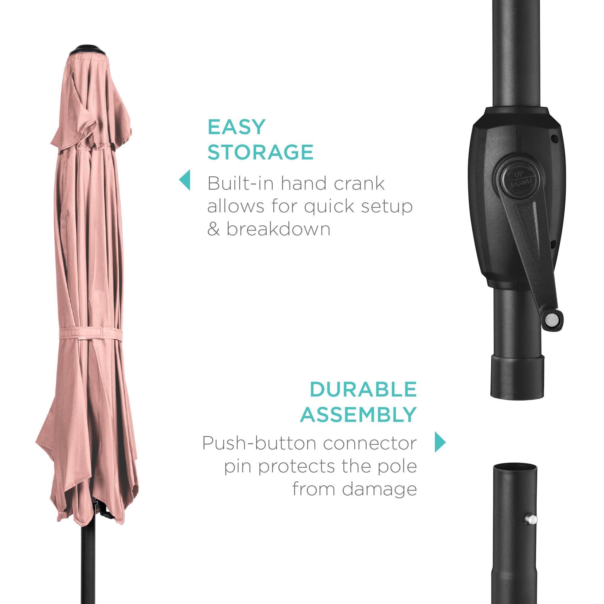 EASY STORAGE  
Built-in hand crank allows for quick setup & breakdown  

DURABLE ASSEMBLY  
Push-button connector pin protects the pole from damage
