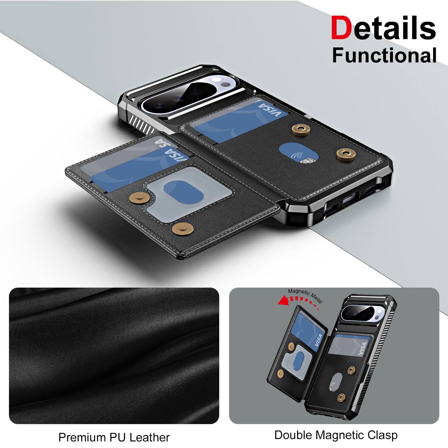 Details  
Functional  

Premium PU Leather  

Double Magnetic Clasp  

Magnetic Metal